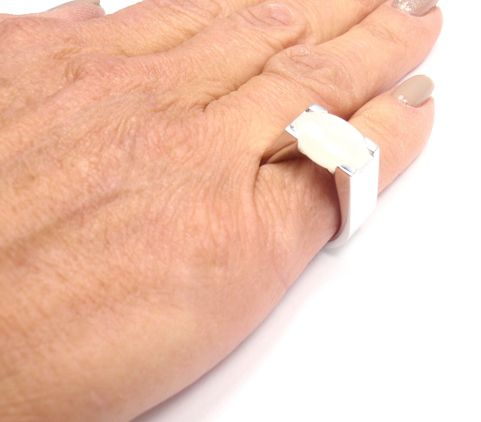 Authentic! Cartier 18k White Gold Moonstone Large Ring Size 50 US 5 1/4 | Fortrove