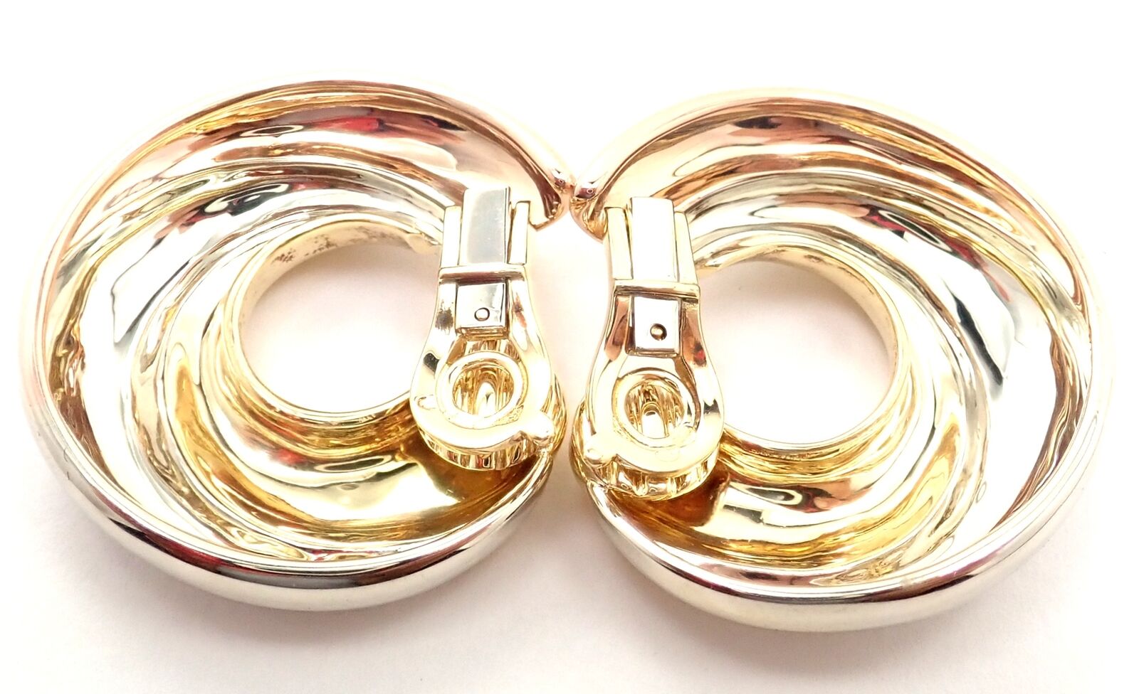 Authentic! Cartier 18k Tri-Color Gold Large Size Trinity Swirl Hoop Earrings | Fortrove