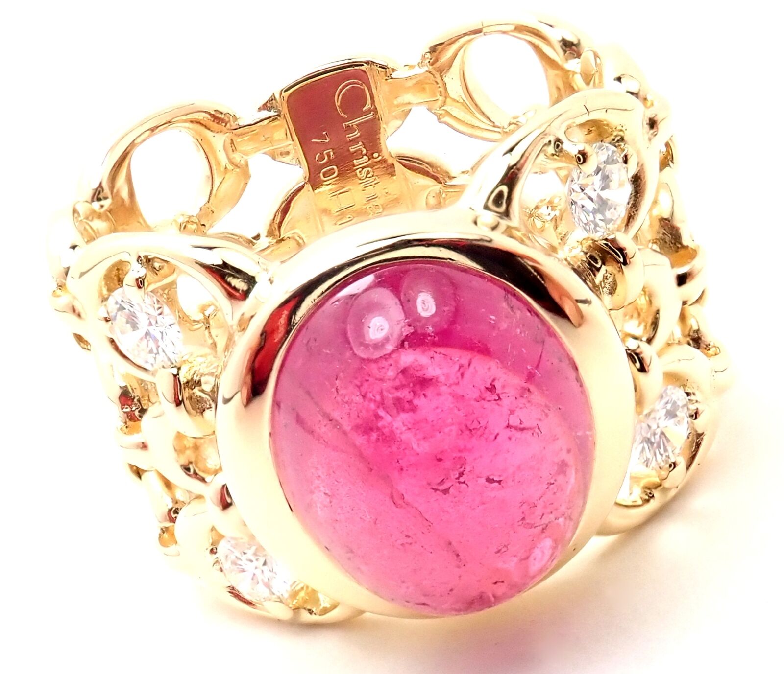 Authentic Christian Dior 18k Yellow Gold Diamond Large Pink Tourmaline Band Ring | Fortrove