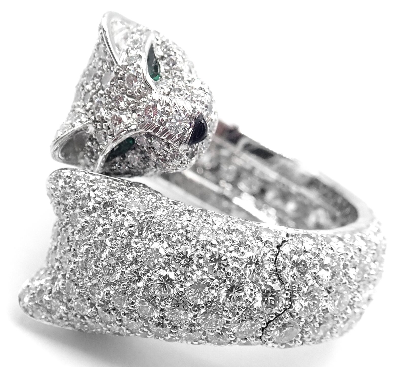 Authentic! Cartier Double Panther Panthere Lakarda 18k Gold Diamond Emerald Ring | Fortrove