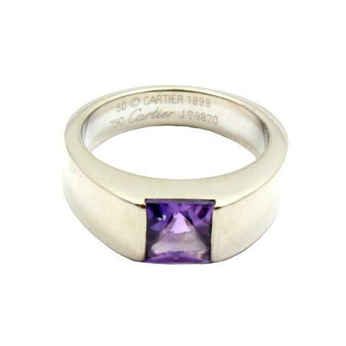 Authentic! Cartier 18k White Gold Tank Amethyst Ring 1999 Sz US 5.25 EU 50 | Fortrove
