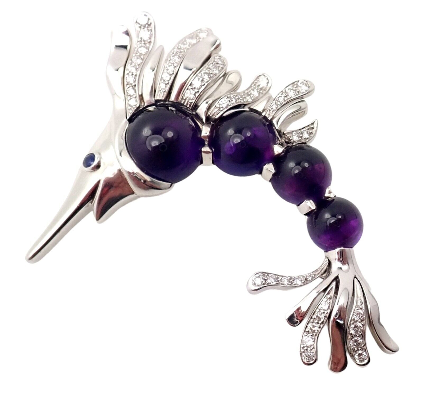 Chanel 18k White Gold Amethyst Diamond Miami Marlin Fish Brooch Pendant | Fortrove