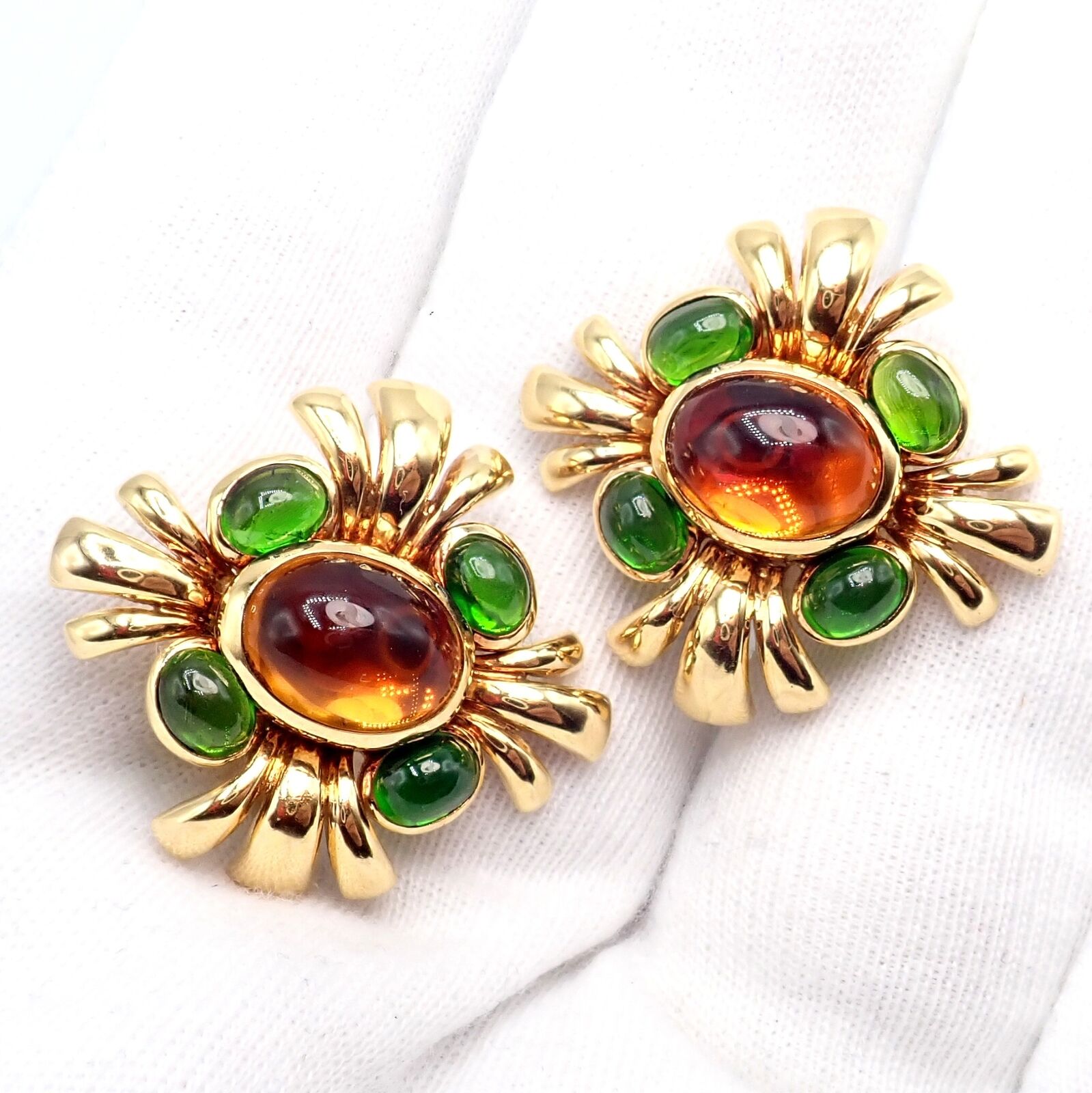 Authentic! Verdura 18k Yellow Gold Citrine Green Tourmaline Vintage Earrings | Fortrove