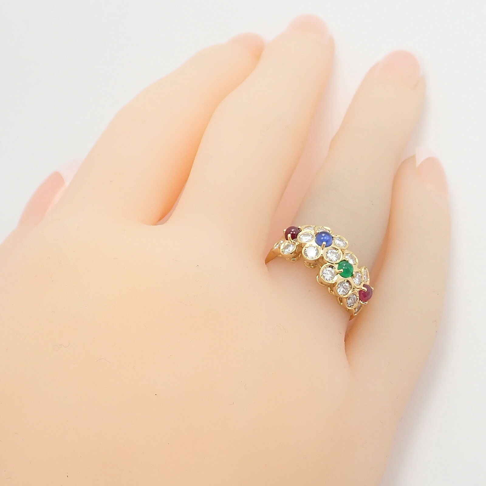 Rare! Authentic Christian Dior 18k Yellow Gold Ruby Emerald Diamond Flower Ring | Fortrove