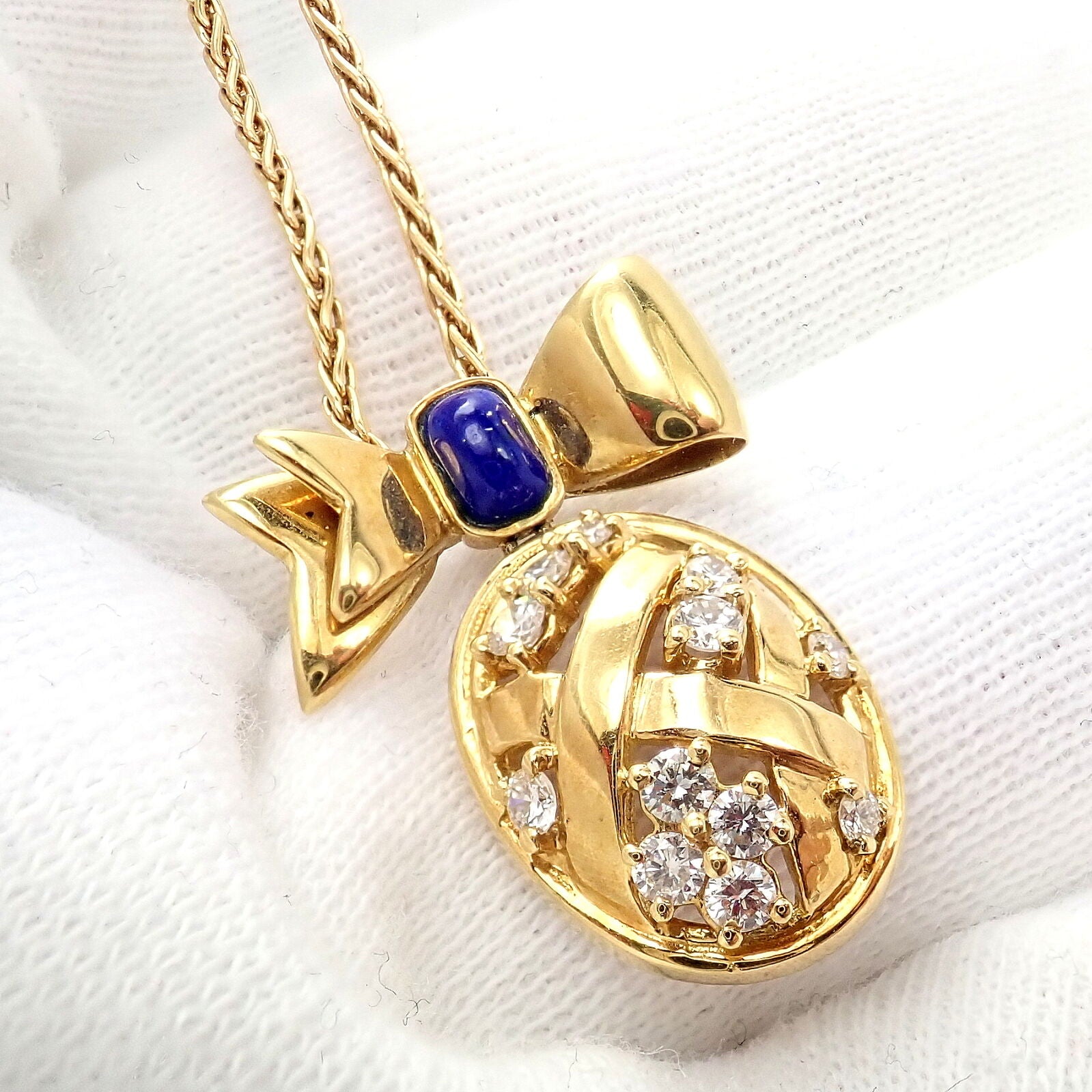 Authentic! Christian Dior 18k Yellow Gold Lapis Diamond Egg Pendant Necklace | Fortrove