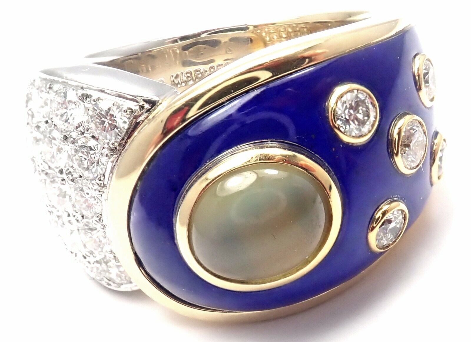 Rare! Authentic Mikimoto Platinum & 18k Gold Diamond Cats Eye Enamel Band Ring | Fortrove