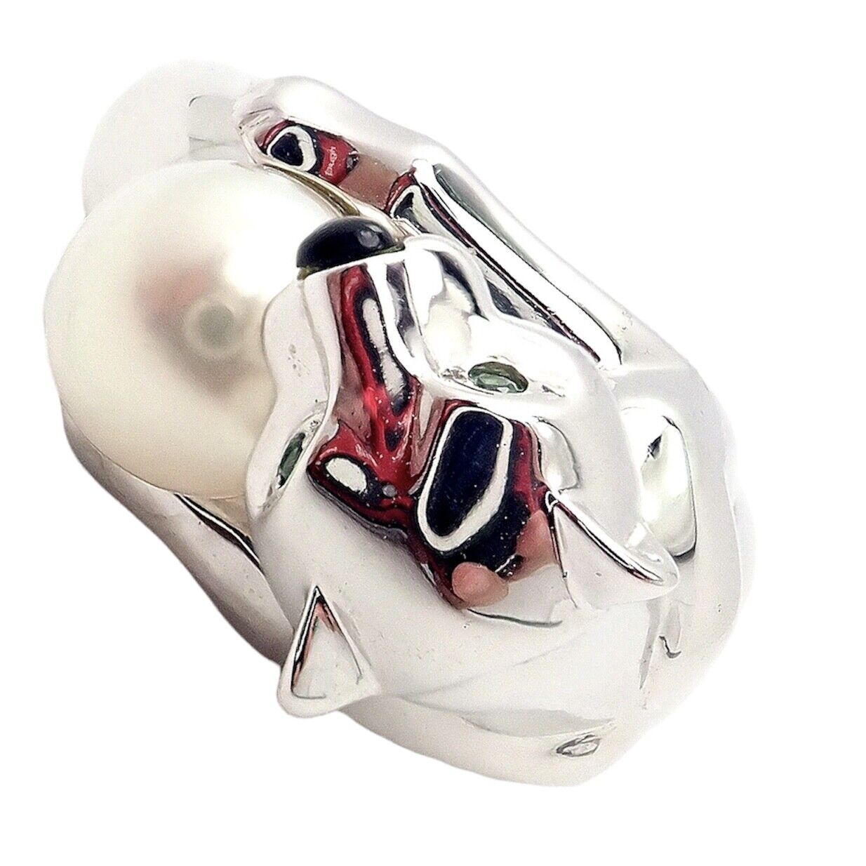 Authentic! Cartier 18k White Gold Panther Panthere Onyx Tsavorite Pearl Ring | Fortrove