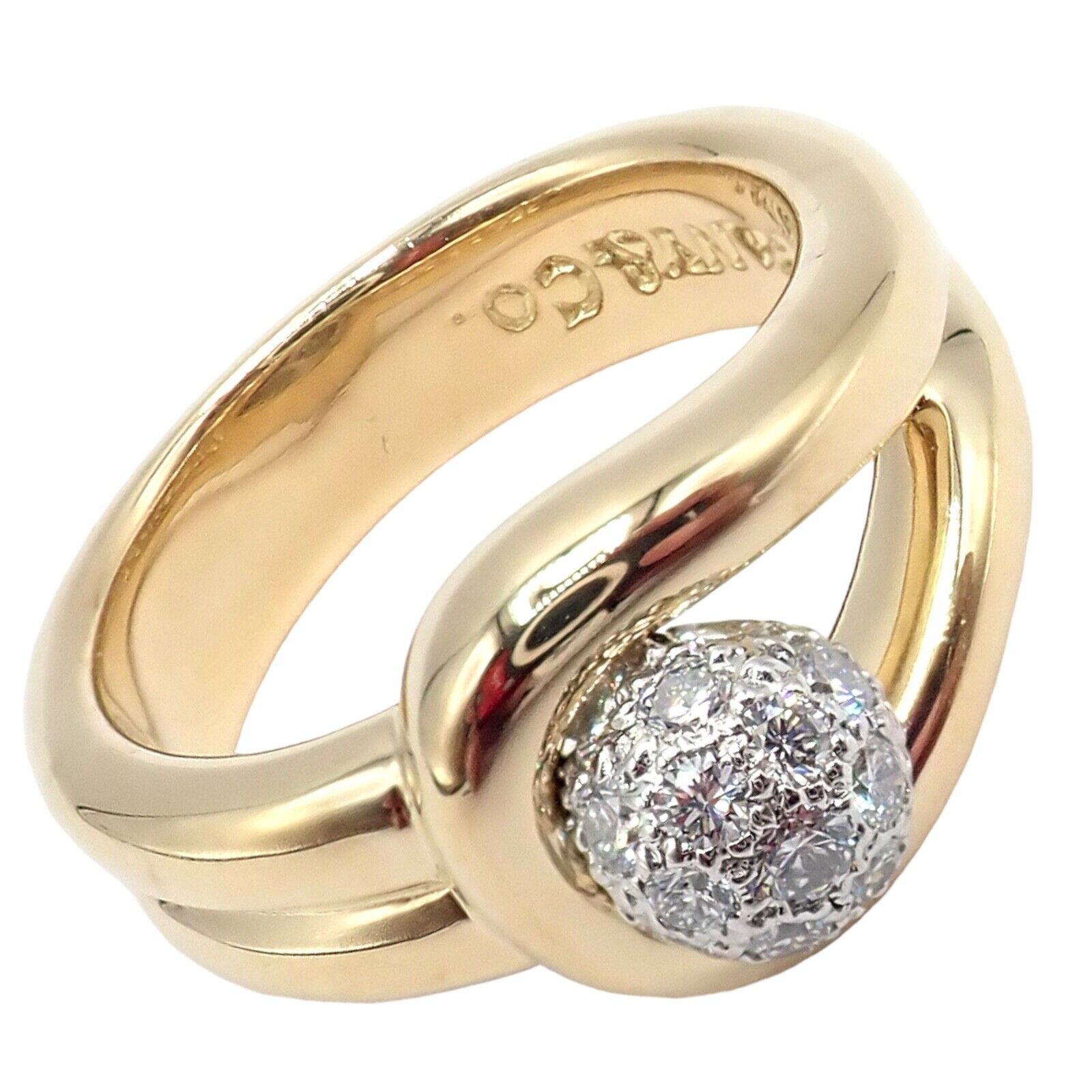 Authentic! Tiffany & Co 18k Yellow Gold + Platinum Diamond Ball Ring sz 4.25 | Fortrove