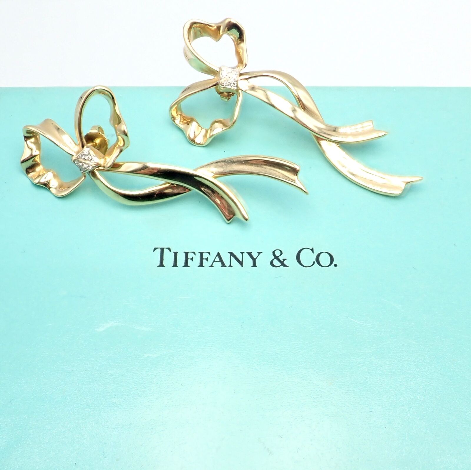 Authentic Tiffany & Co 18k Yellow Gold Diamond Large Ribbon Bow Earrings 1985 | Fortrove