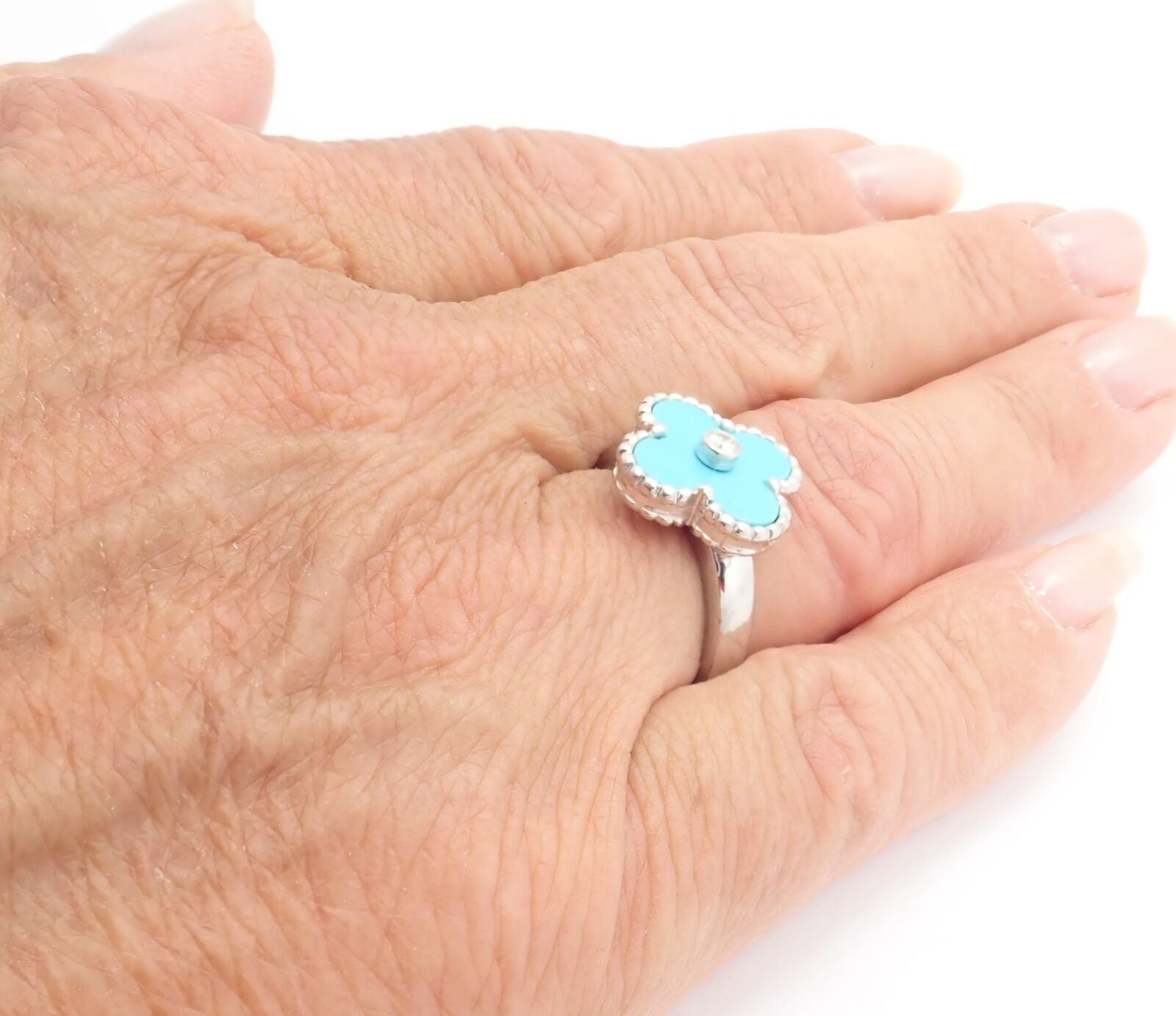 Authentic! Van Cleef & Arpels Alhambra 18k White Gold Diamond Turquoise Ring | Fortrove