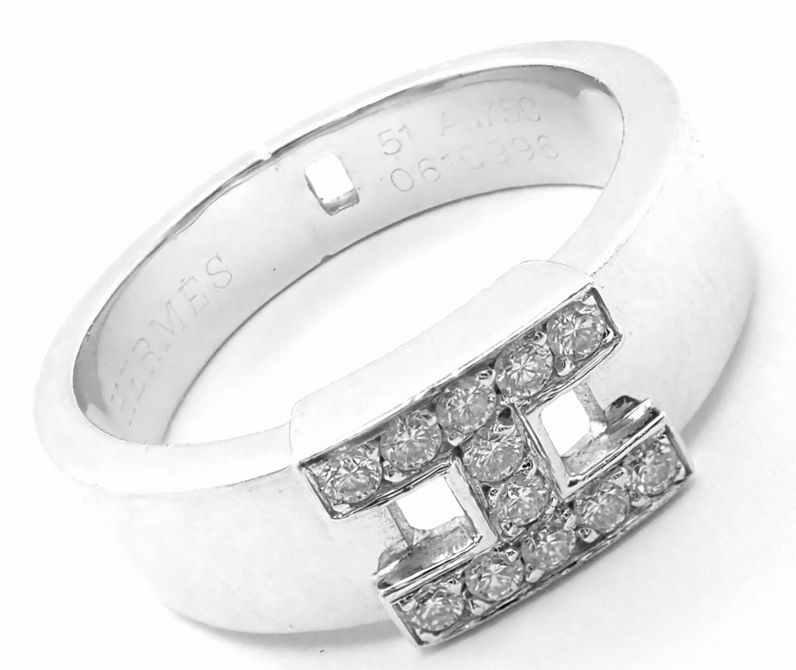 Authentic! Hermes 18k White Gold Diamond H Band Ring | Fortrove