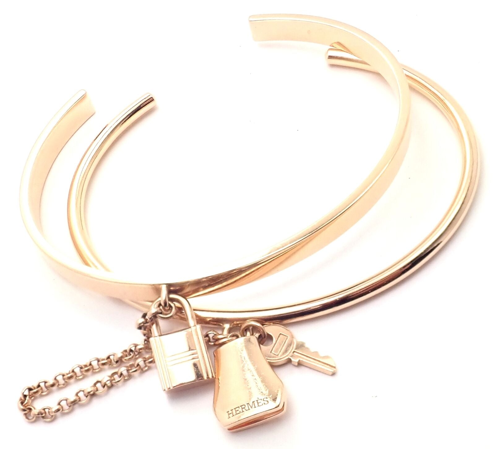 Authentic! Hermes 18K Rose Gold Kelly Clochette Double Cuff Bangle Bracelet | Fortrove