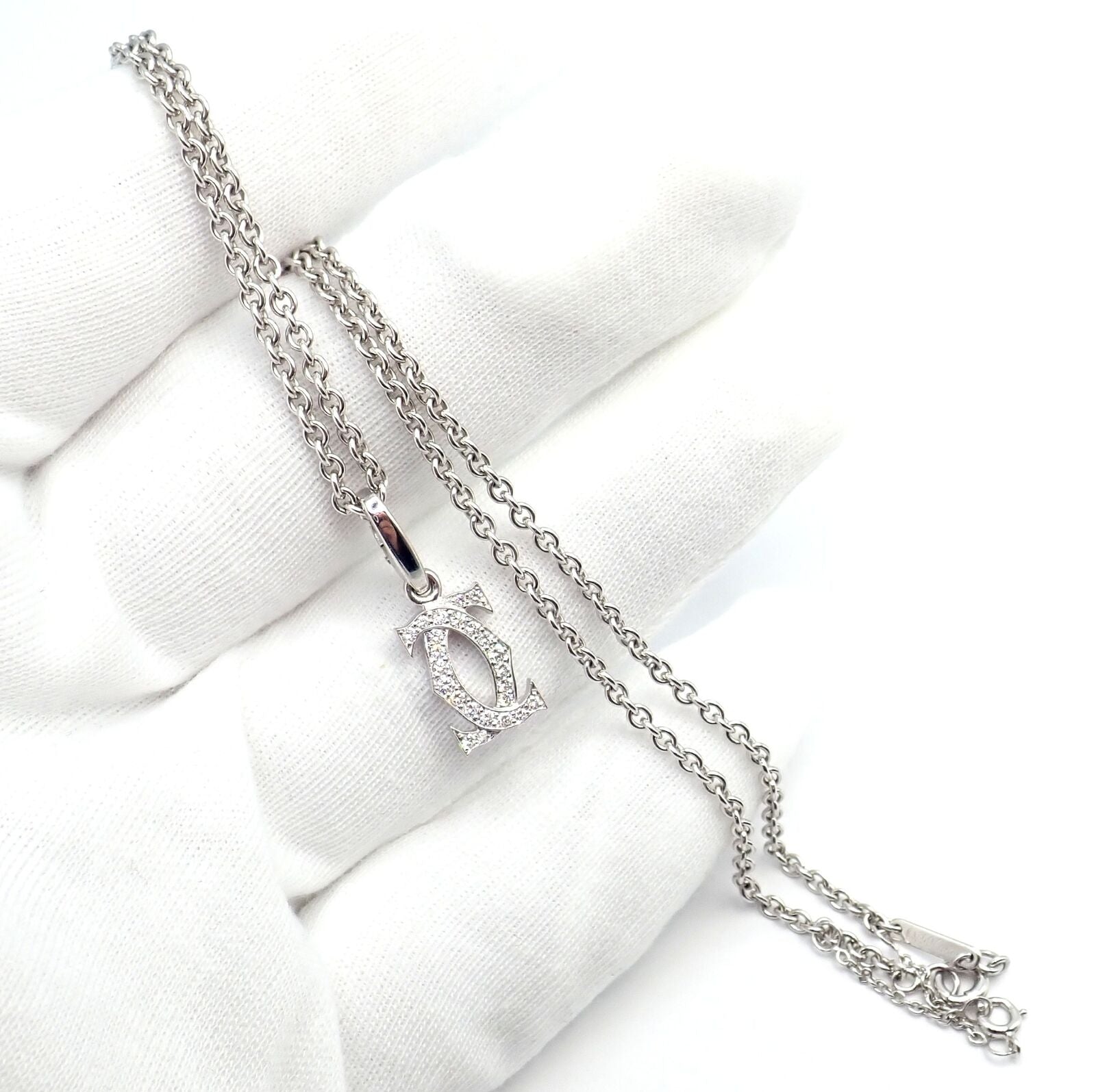 Authentic! Cartier Double C 18k White Gold Diamond Pendant Necklace | Fortrove
