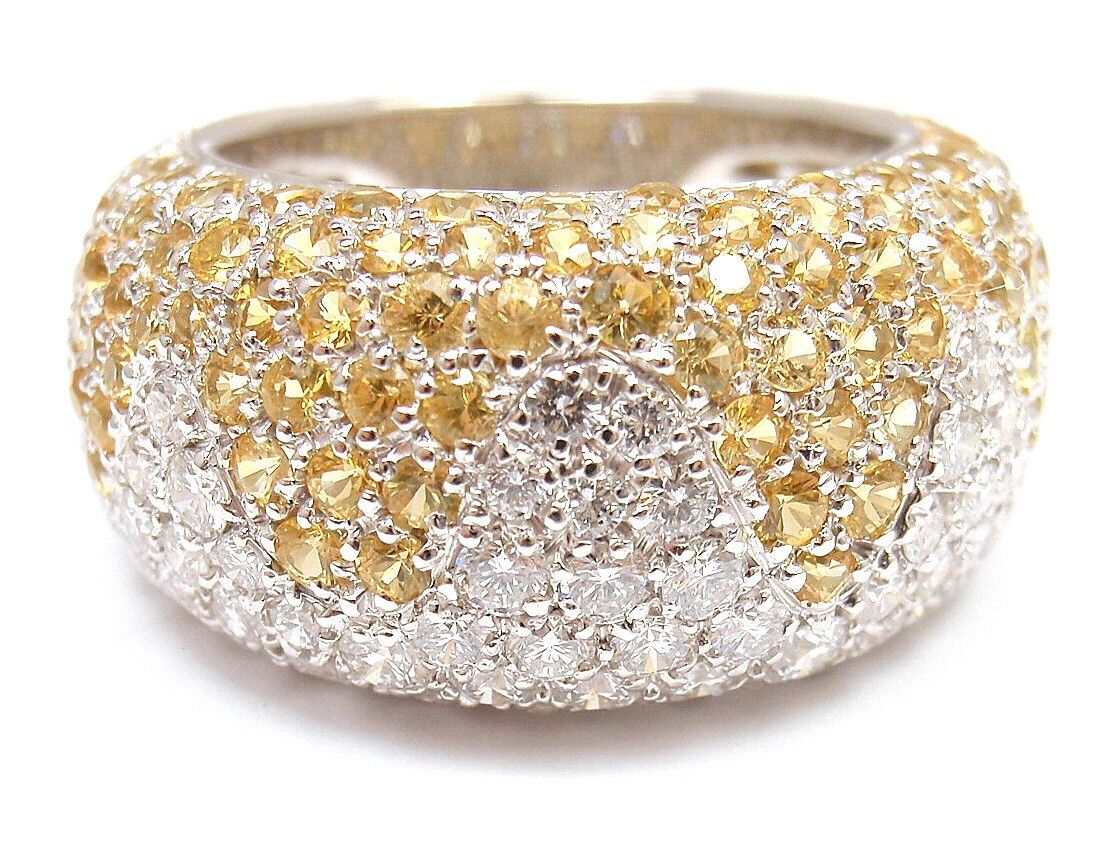 Authentic! Chopard 18k White Gold Yellow Sapphire Diamond Wave Wide Band Ring | Fortrove