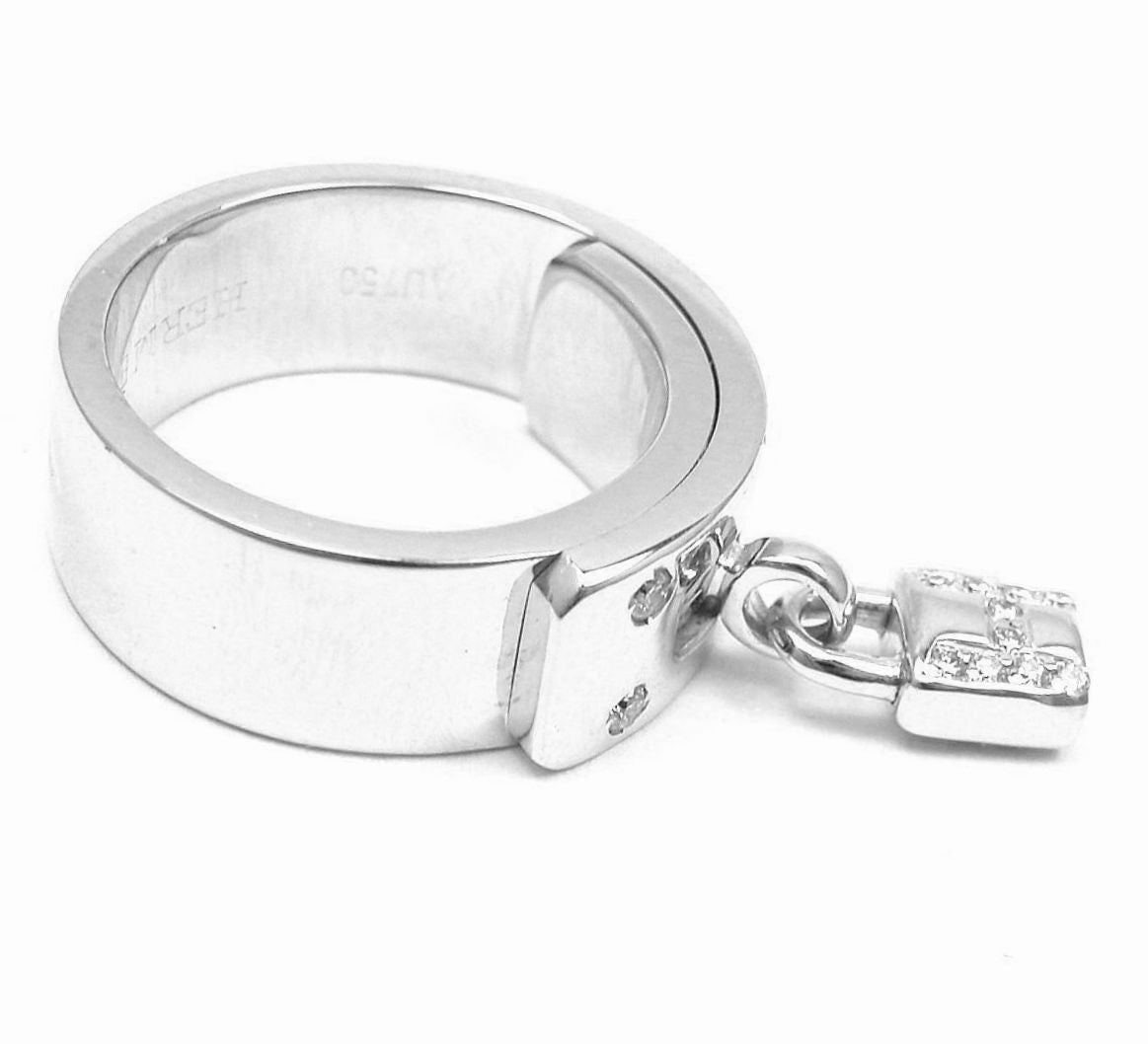 Rare! Authentic Hermes 18k White Gold "H" Lock Band Diamond Ring | Fortrove