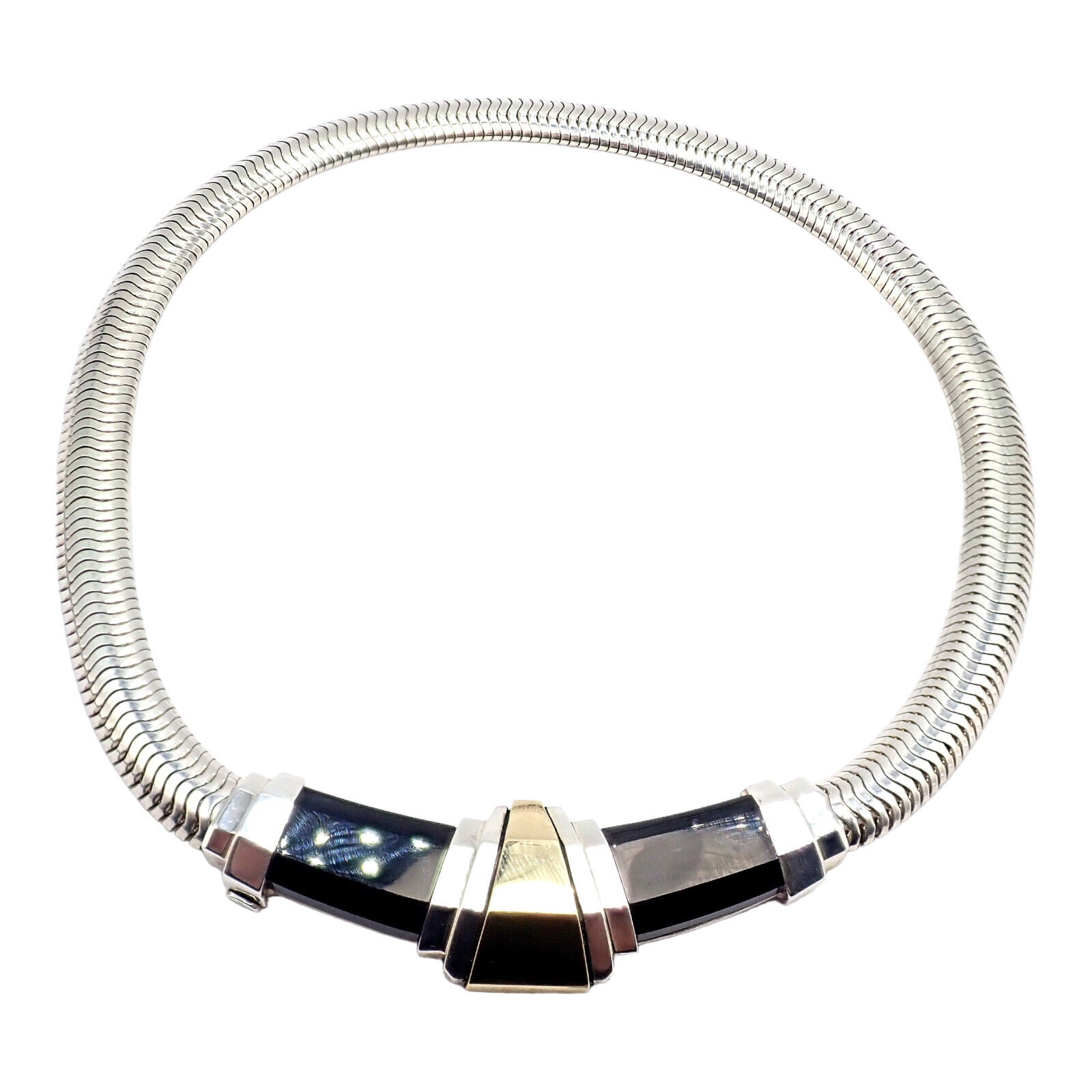 Authentic! Vintage Cartier 18k Yellow Gold + Silver Art Deco Onyx Necklace | Fortrove