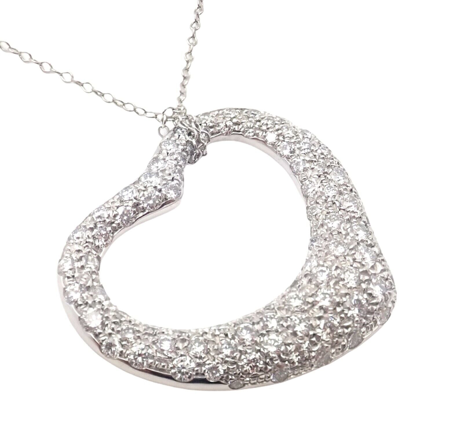 Authentic! Tiffany & Co Elsa Peretti Platinum Diamond Large Open Heart Necklace | Fortrove