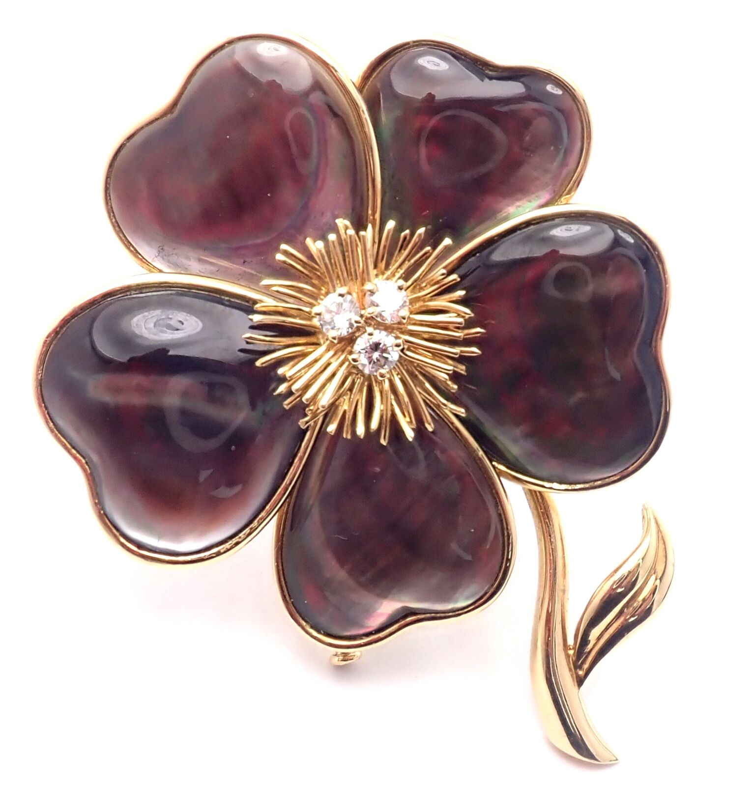 Van Cleef & Arpels Clématite 18k Yellow Gold Diamond Gray Mother of Pearl Brooch | Fortrove