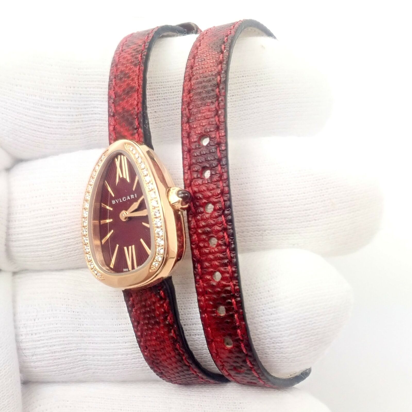 Bulgari 18k Rose Gold Diamond Tubogas Red Serpenti Snake Watch + Band + Tool | Fortrove