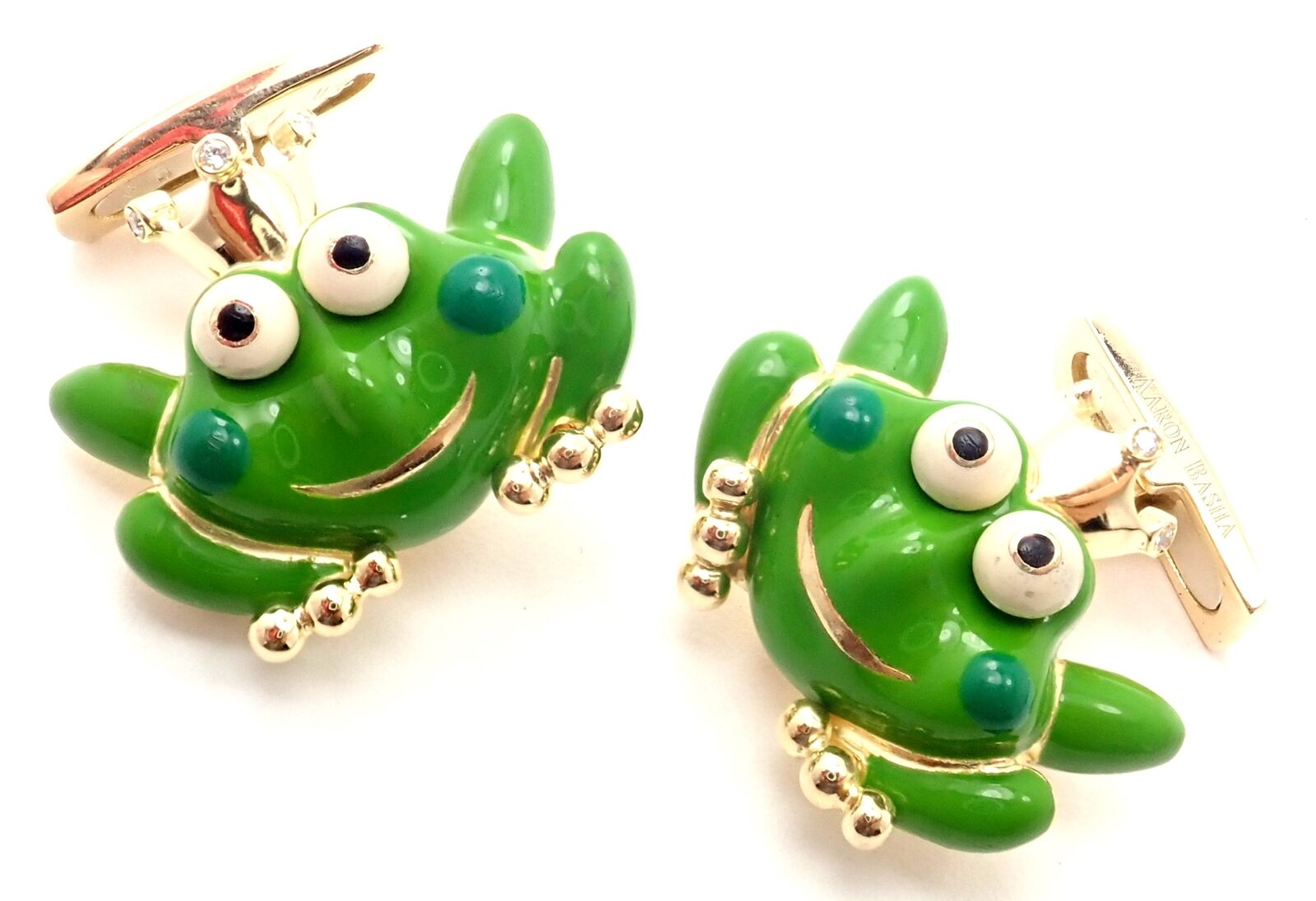 Authentic! Aaron Basha 18k Yellow Gold Diamond Enamel Frog Prince Cufflinks | Fortrove