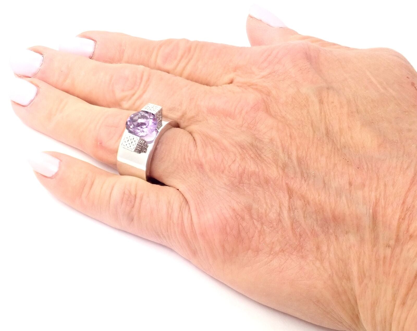 Authentic! Chopard 18k White Gold Diamond Amethyst Wide Band Ring | Fortrove