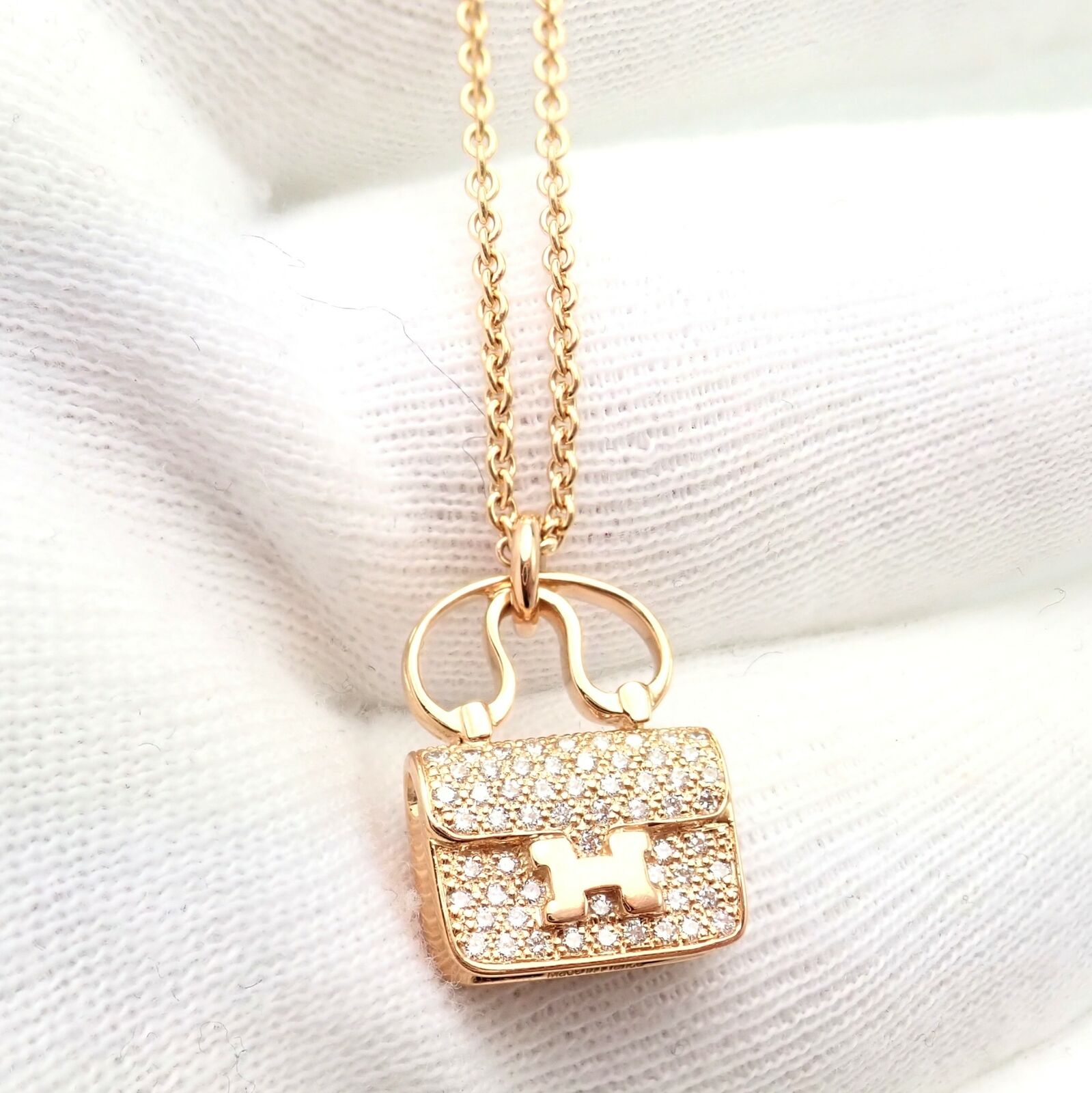 Rare! Authentic Hermes 18k Rose Gold Diamond Constance Amulette Pendant Necklace | Fortrove