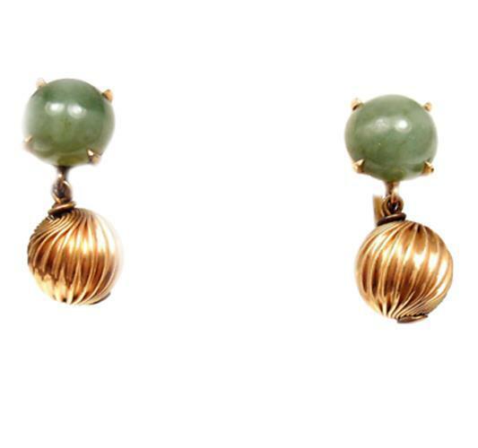 Vintage Estate 14k Yellow Gold Green Jade Screw Back Earrings | Fortrove