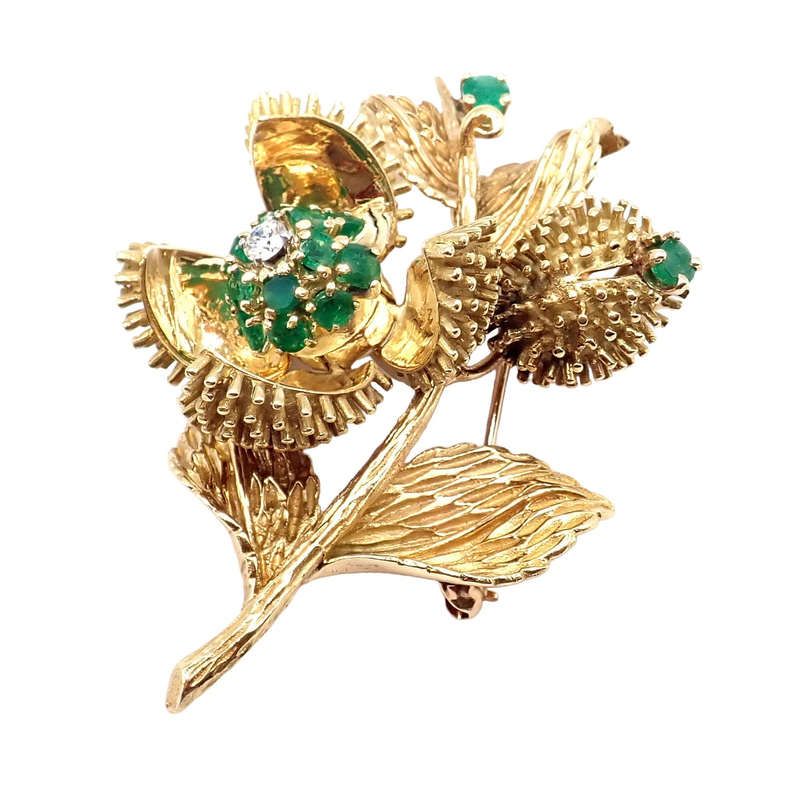 Rare! Tiffany & Co 18k Yellow Gold Diamond Emerald Flower Night & Day Brooch Pin | Fortrove
