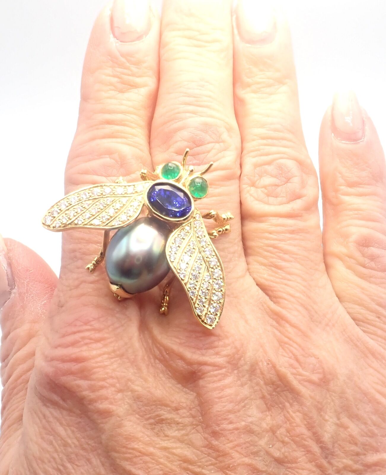 Tiffany & Co 18k Gold Diamond Tahitian Pearl Tanzanite Emerald Fly Pin Brooch | Fortrove