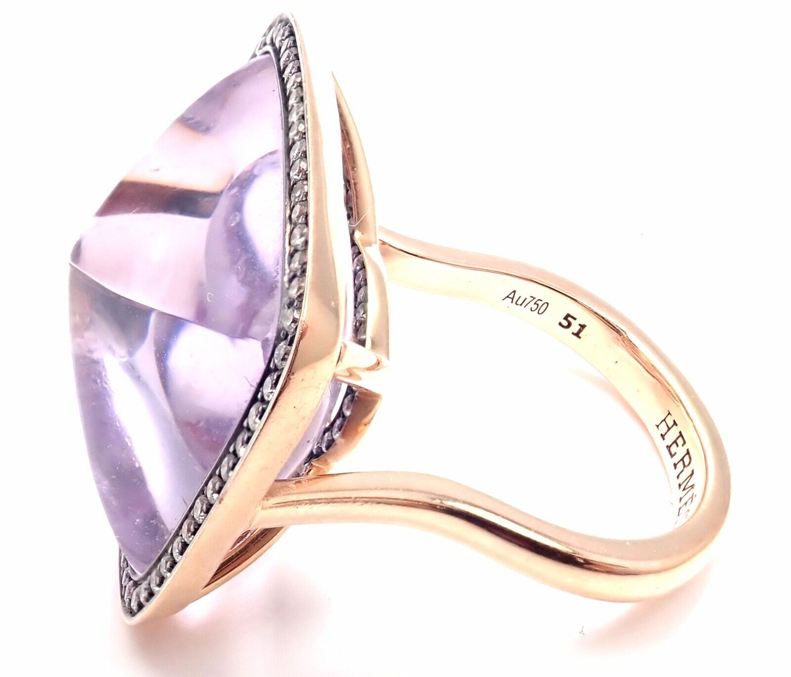 Rare! Authentic Hermes 18k Rose Gold Diamond Large Amethyst Ring | Fortrove
