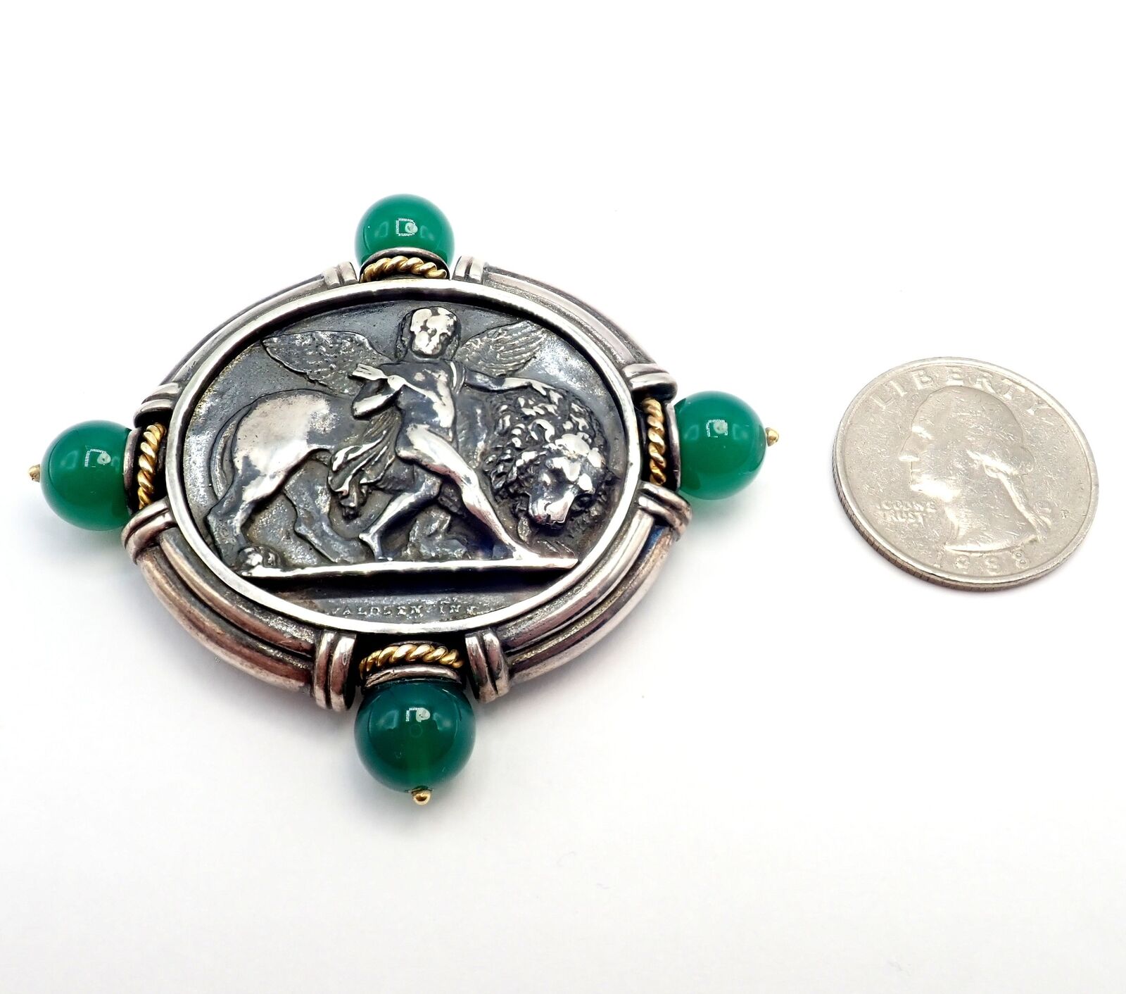 Authentic! SeidenGang 18k Yellow Gold Silver Large Medallion Chrysoprase Brooch | Fortrove