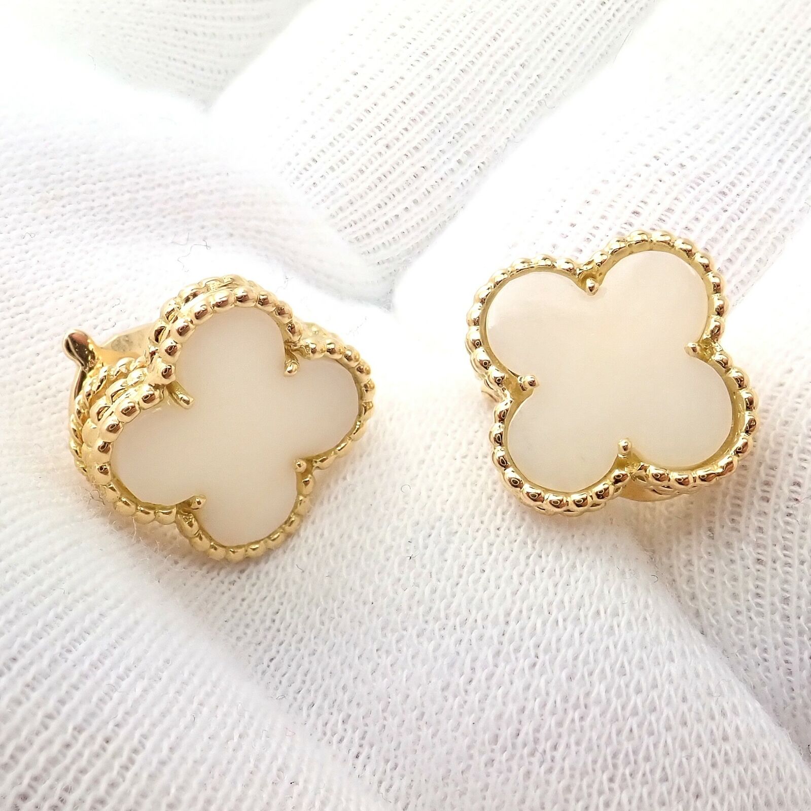 Rare! Van Cleef & Arpels Vintage Alhambra 18k Yellow Gold White Coral Earrings | Fortrove