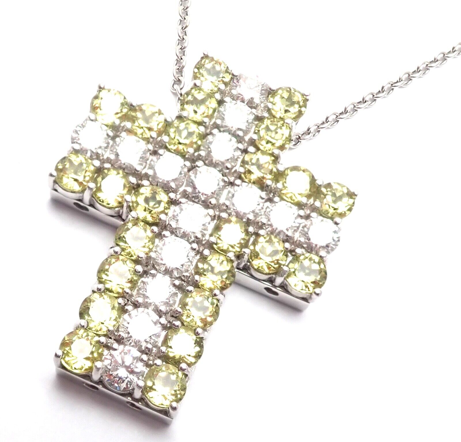 New! Authentic Pasquale Bruni 18k White Gold Diamond Peridot Cross Necklace | Fortrove