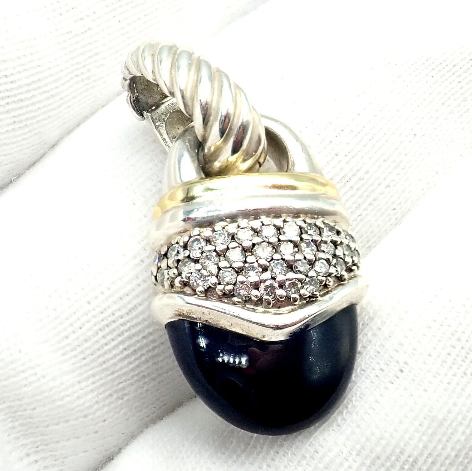 David Yurman 18k Yellow Gold + Silver Onyx Diamond Acorn Pendant | Fortrove