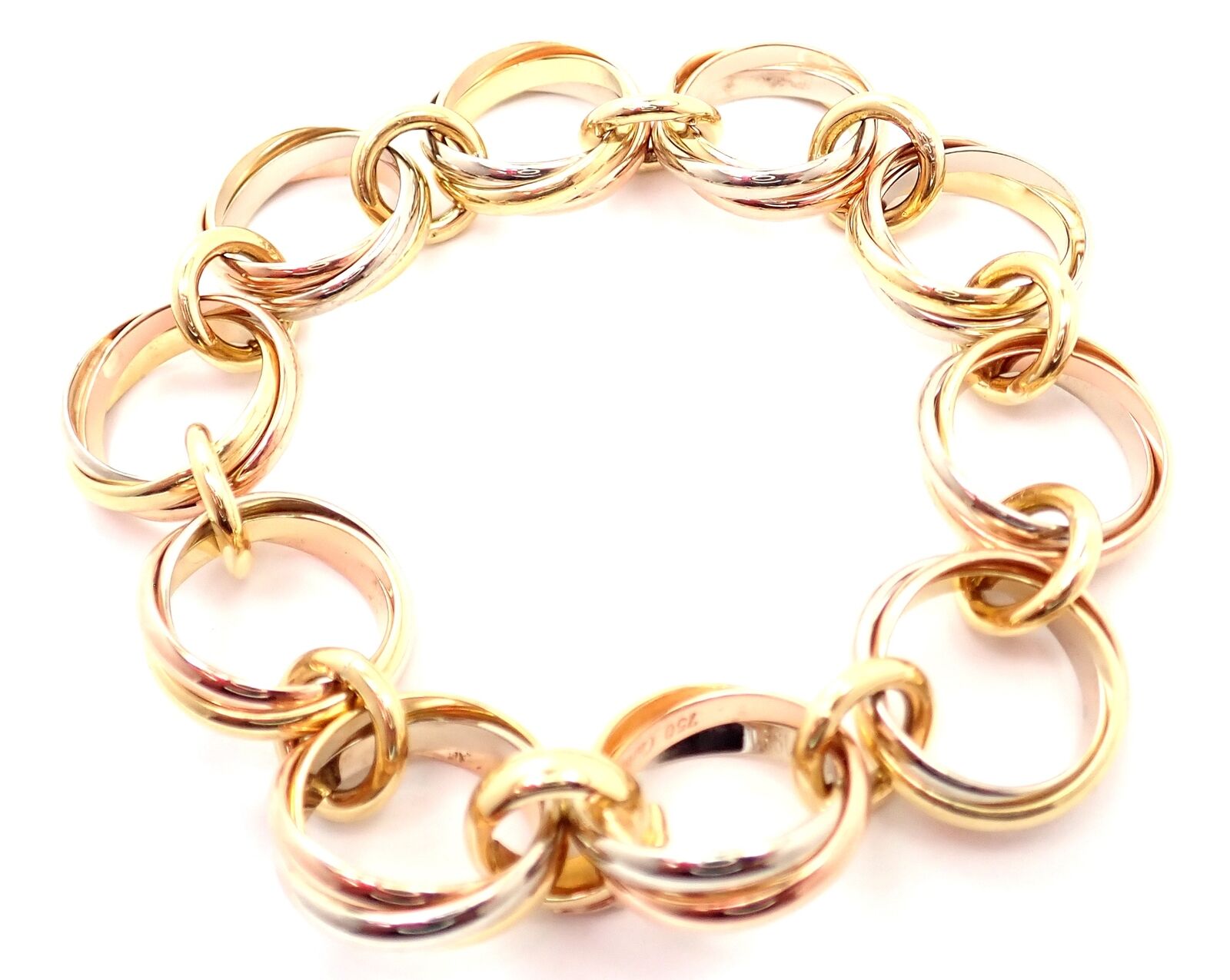 Authentic! Cartier Trinity 18k Multi Color Gold Round Wide Link Bracelet