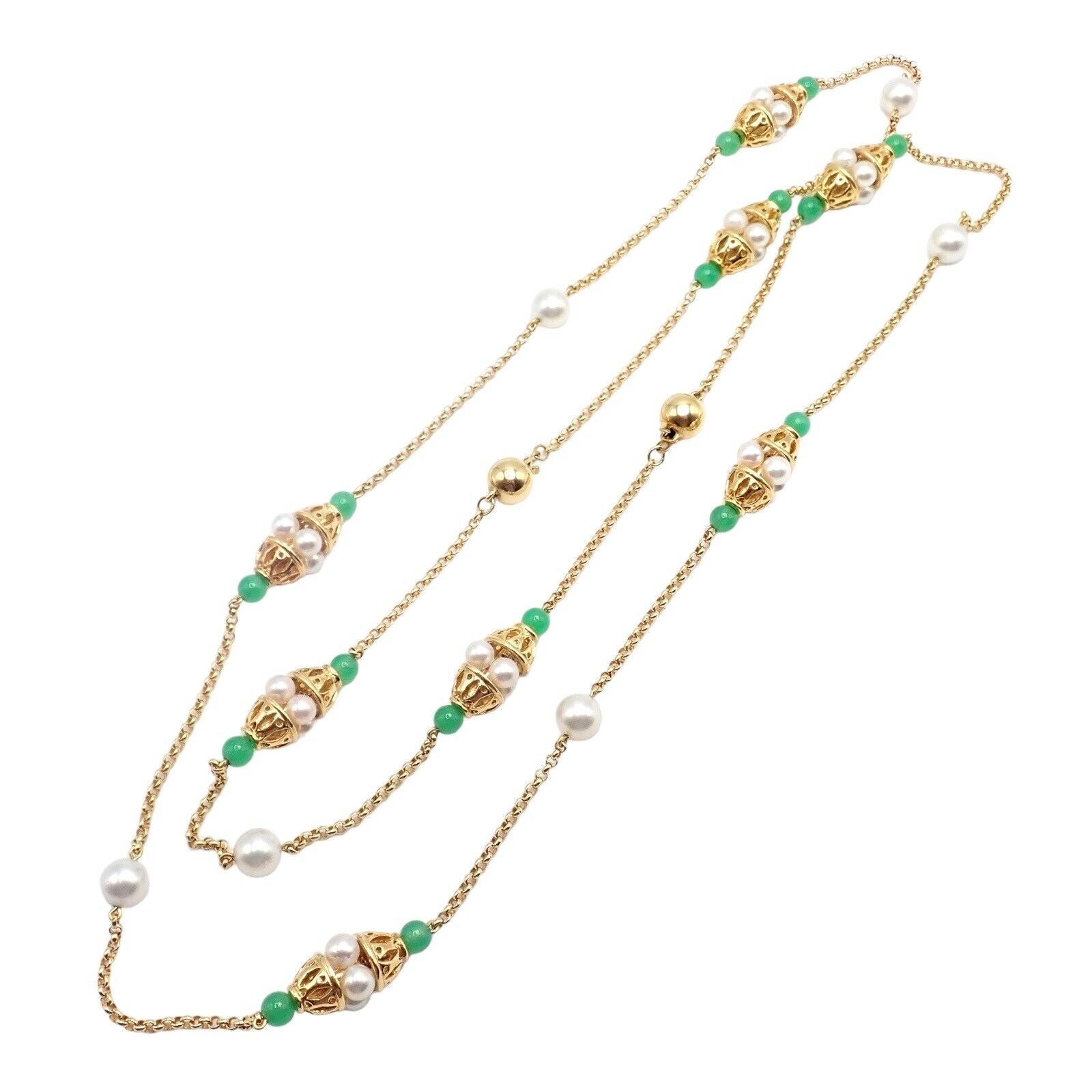 Vintage! Mikimoto 18k Yellow Gold Pearl Chalcedony 32" Long Necklace | Fortrove