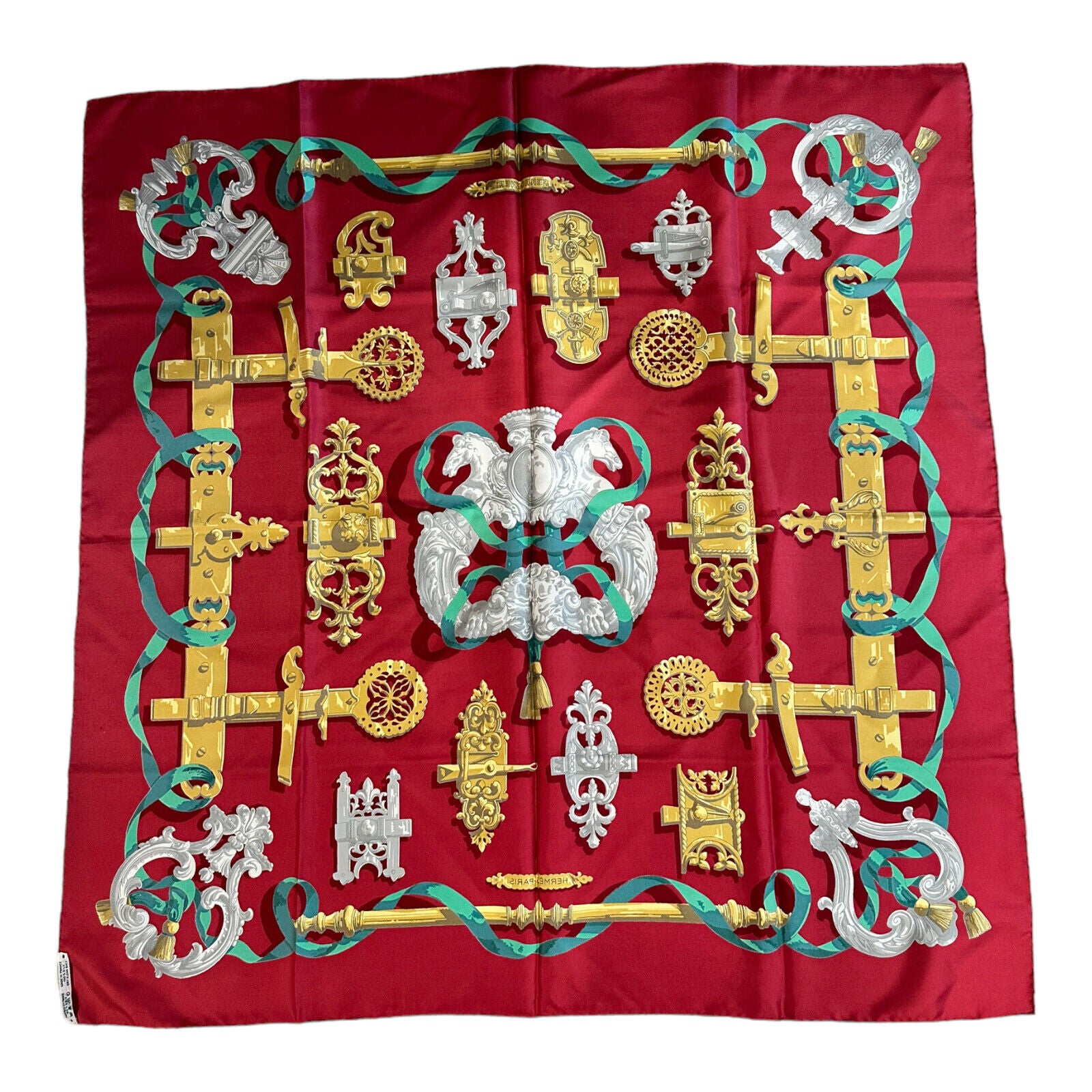 Authentic Rare! Hermes Ferronnerie Ironwork Carre Vintage 90cm Red Silk Scarf
