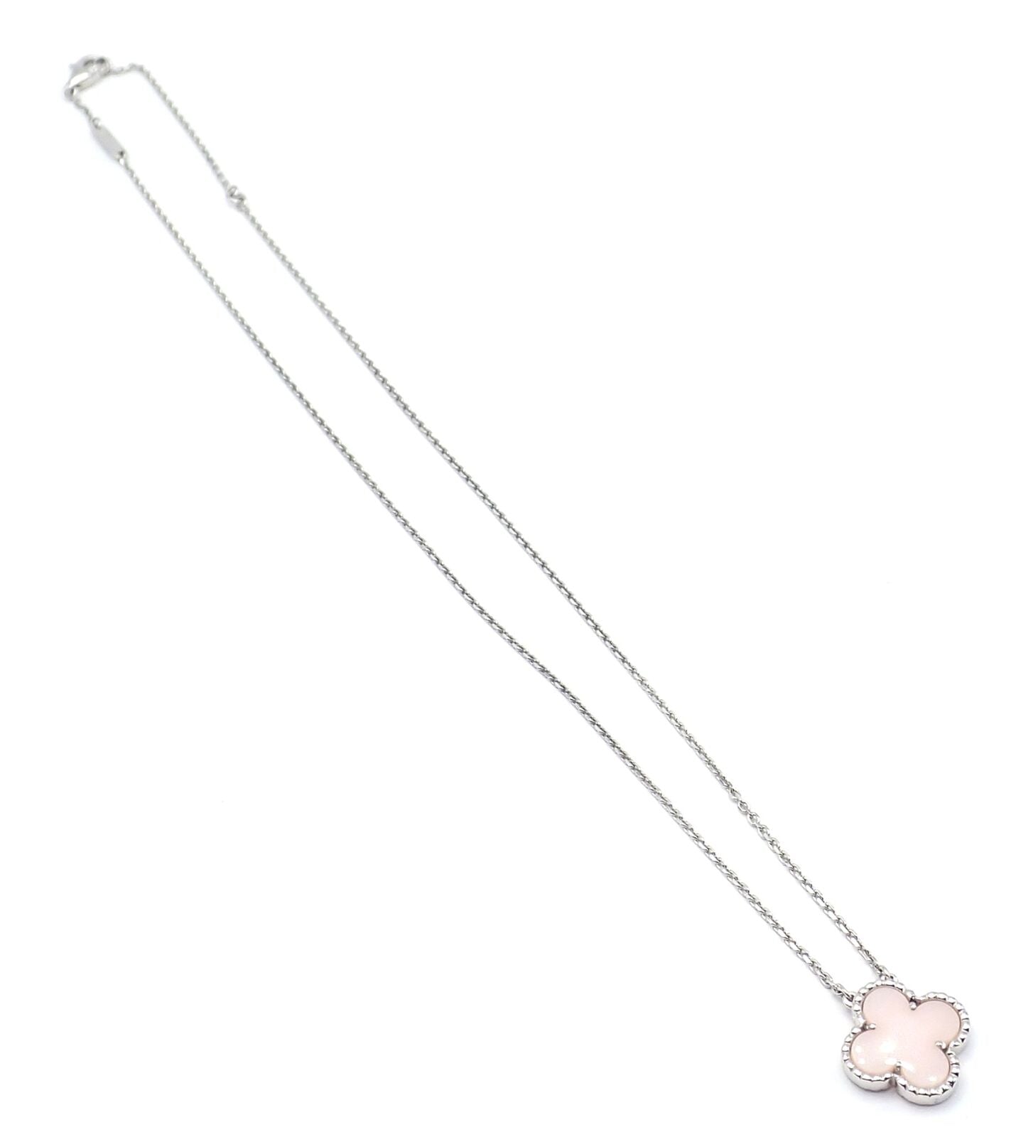 Authentic! Van Cleef & Arpels Alhambra 18k White Gold Pink Opal Necklace Cert. | Fortrove