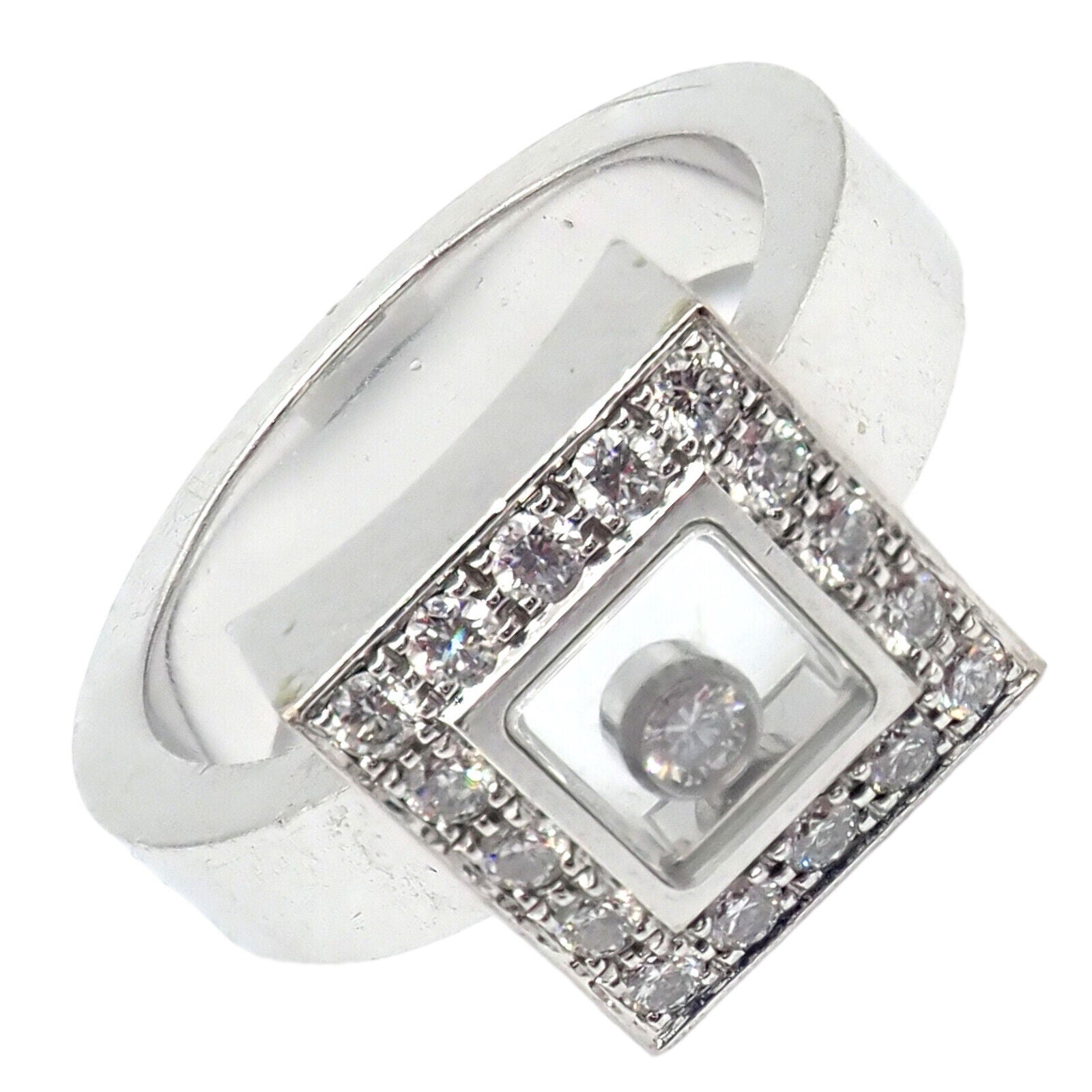 Authentic! Chopard 18k White Gold Diamond Happy Diamond Ring Sz 5.75 | Fortrove