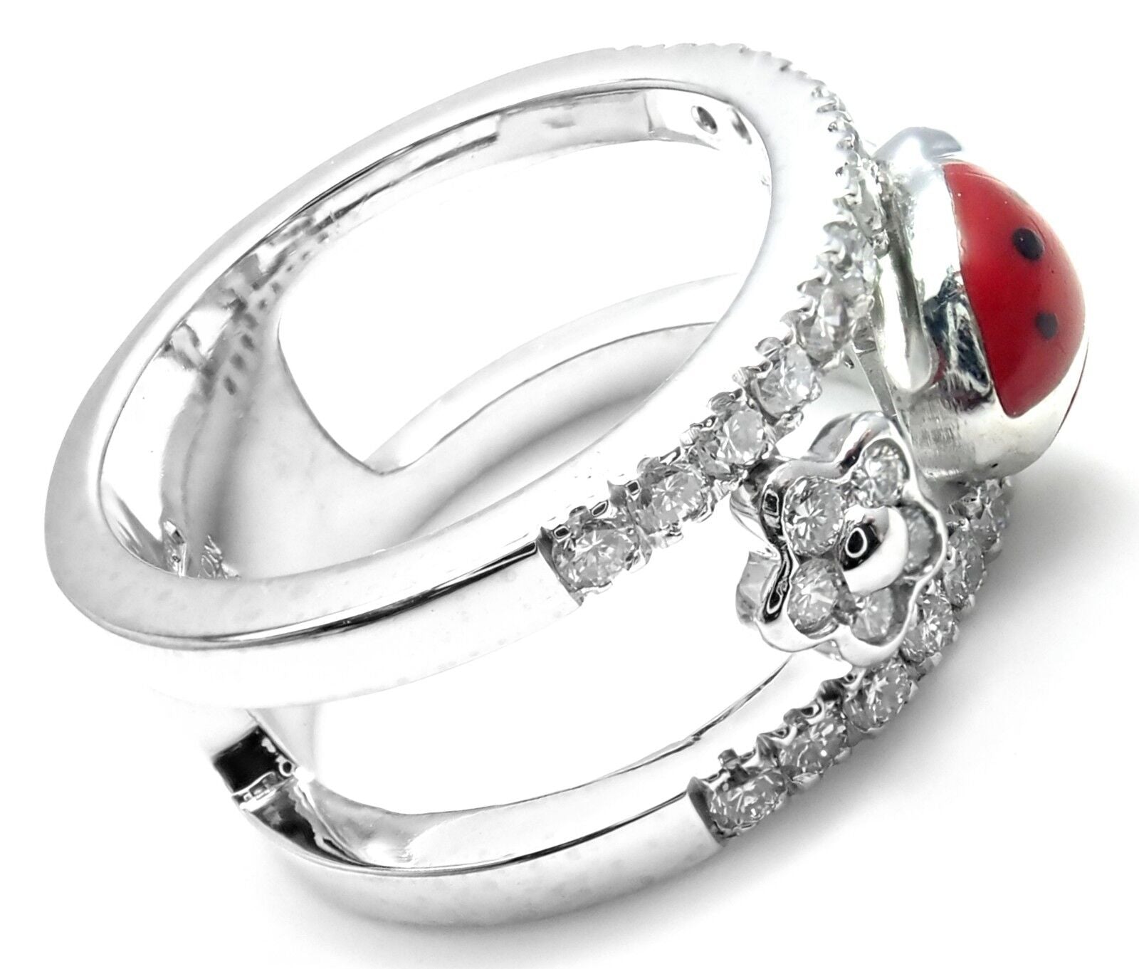 Authentic! Aaron Basha 18k White Gold Diamond Red Enamel Ladybug Band Ring | Fortrove