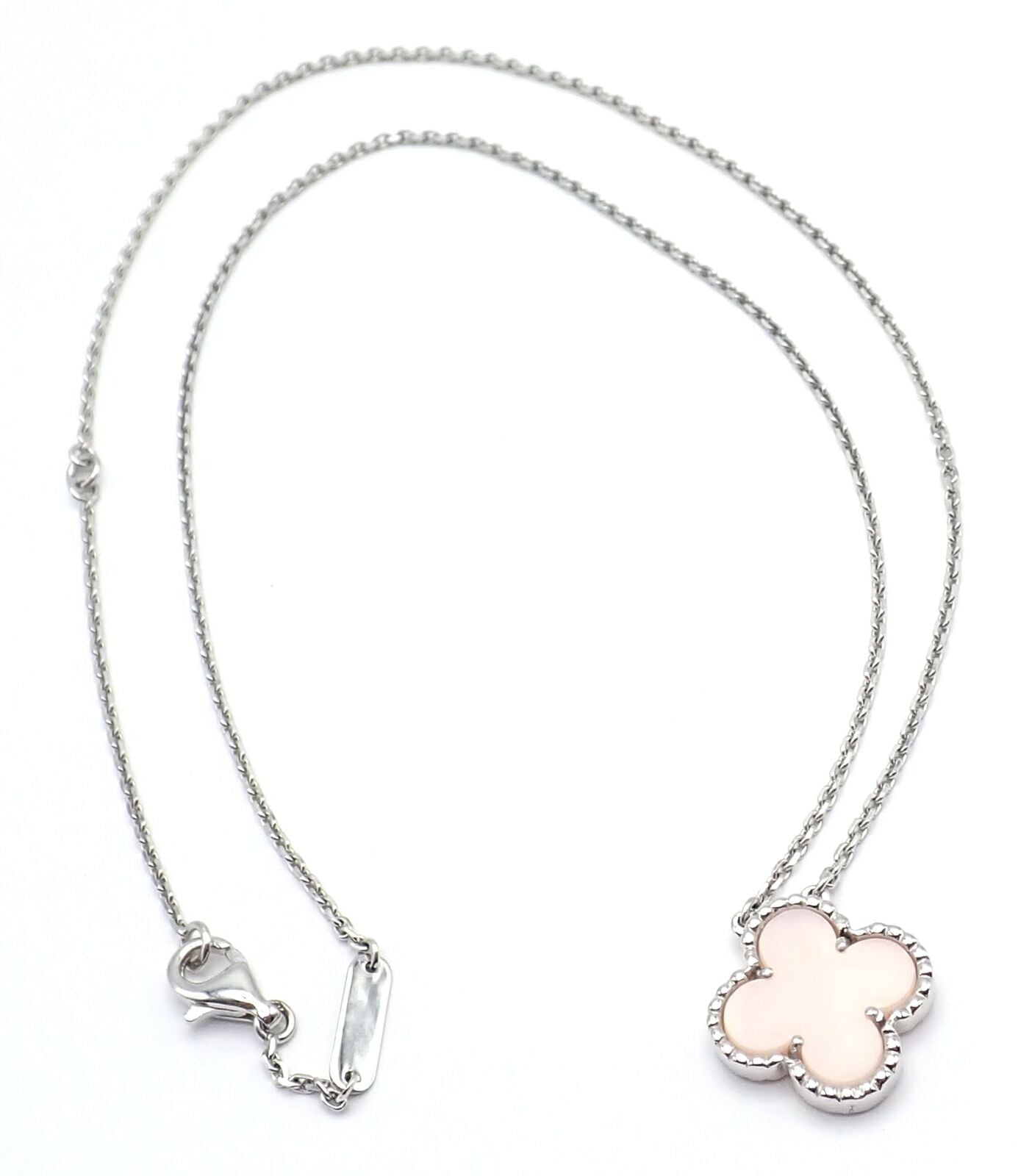 Authentic! Van Cleef & Arpels Alhambra 18k White Gold Pink Opal Necklace Cert. | Fortrove
