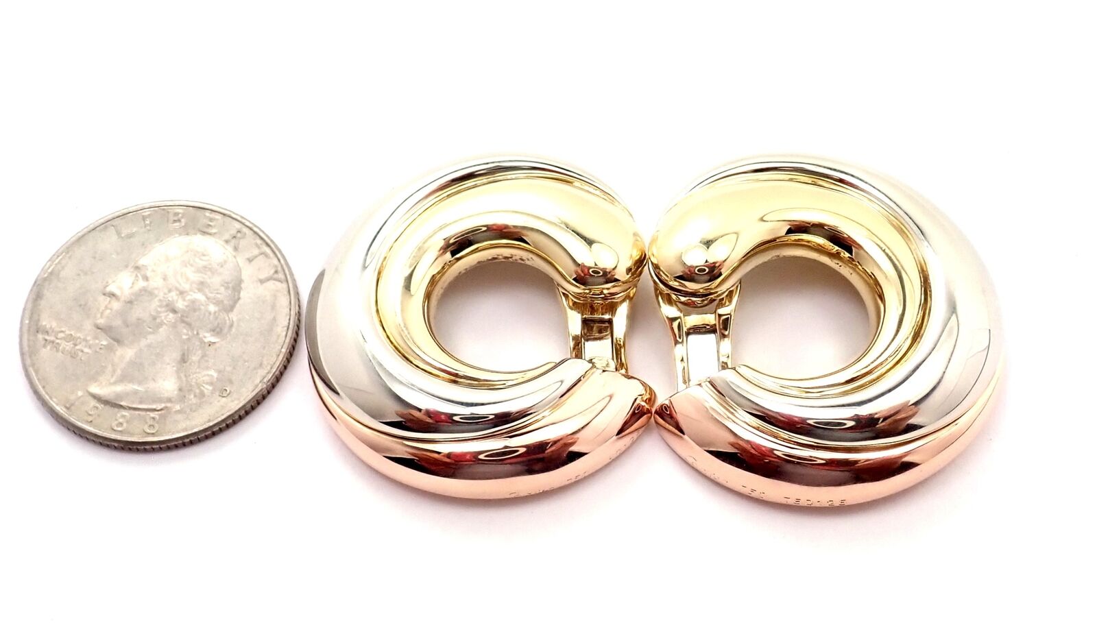 Authentic! Cartier 18k Tri-Color Gold Large Size Trinity Swirl Hoop Earrings | Fortrove
