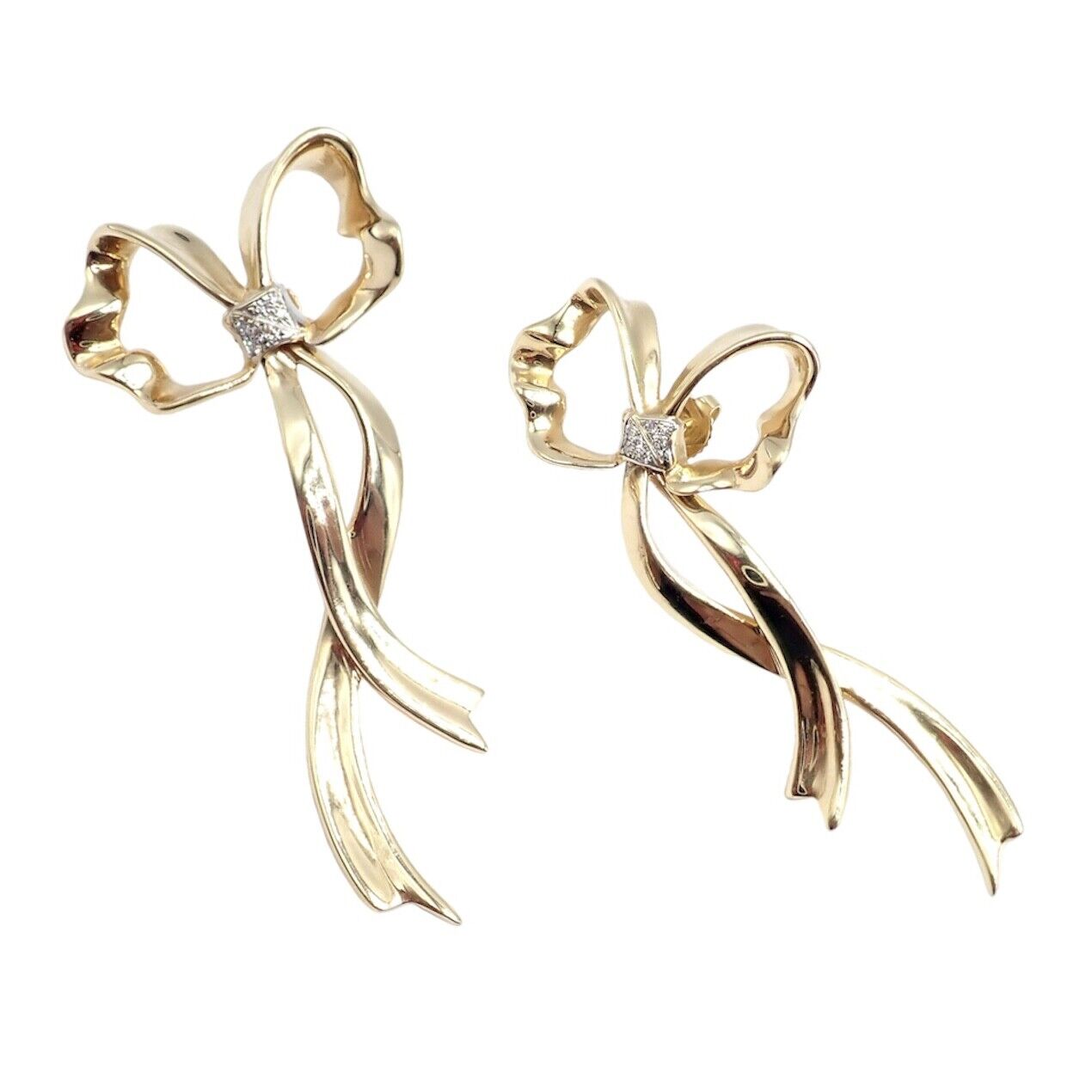 Authentic Tiffany & Co 18k Yellow Gold Diamond Large Ribbon Bow Earrings 1985 | Fortrove
