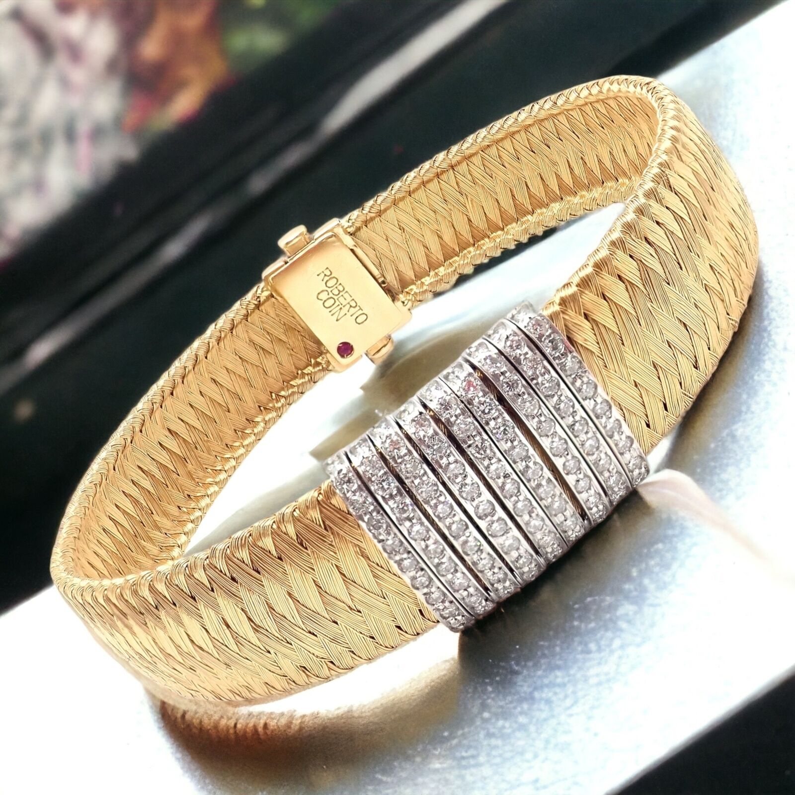 Authentic! Roberto Coin 18k Yellow Gold 9 Row Diamond Silk Weave Bracelet | Fortrove