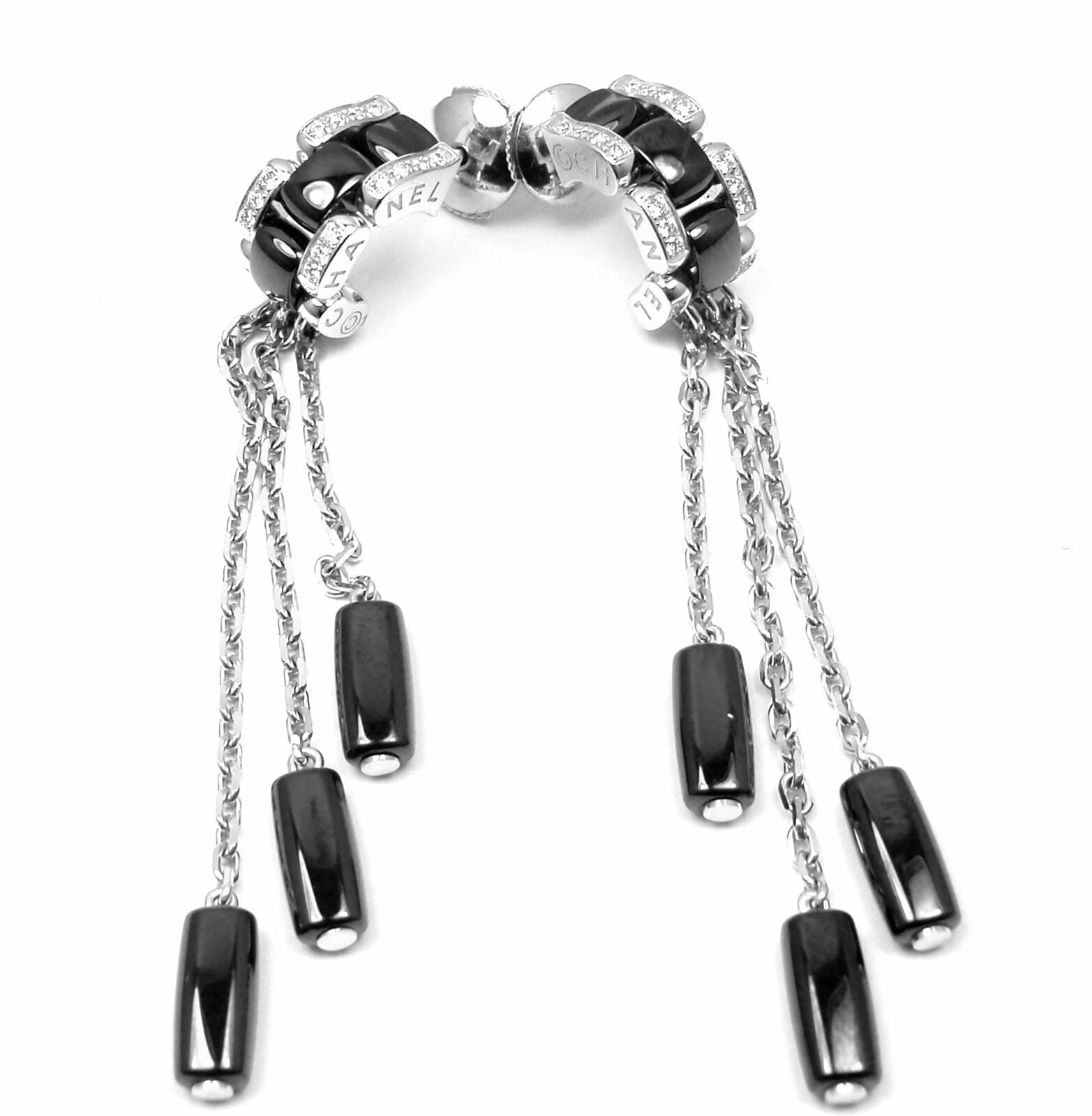 Authentic! Chanel Ulta 18k White Gold Diamond Black Ceramic Drop Earrings | Fortrove