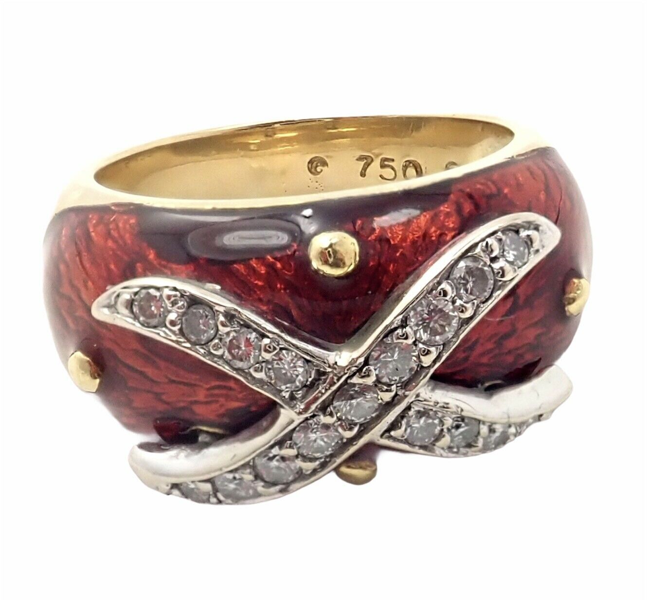 Authentic! Hidalgo 18K Yellow Gold Red Enamel X Diamond Ring Sz 5 | Fortrove