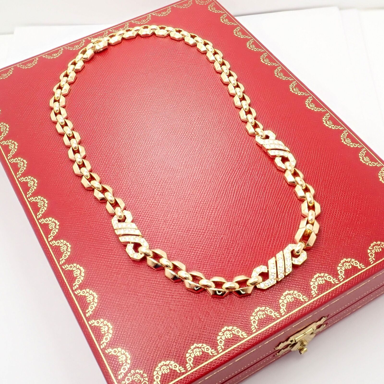 Authentic! Cartier Vintage Fox Trot 18k Yellow Gold Diamond Necklace 1980's | Fortrove
