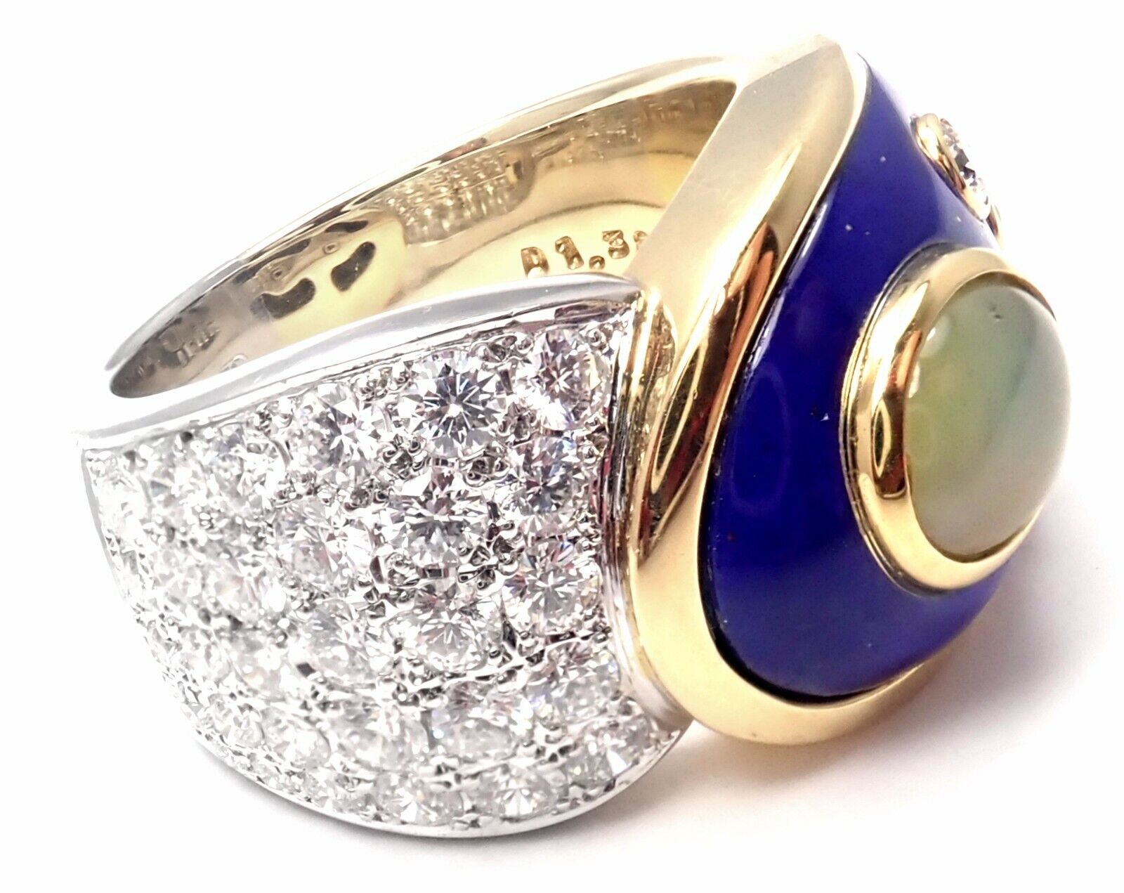 Rare! Authentic Mikimoto Platinum & 18k Gold Diamond Cats Eye Enamel Band Ring | Fortrove