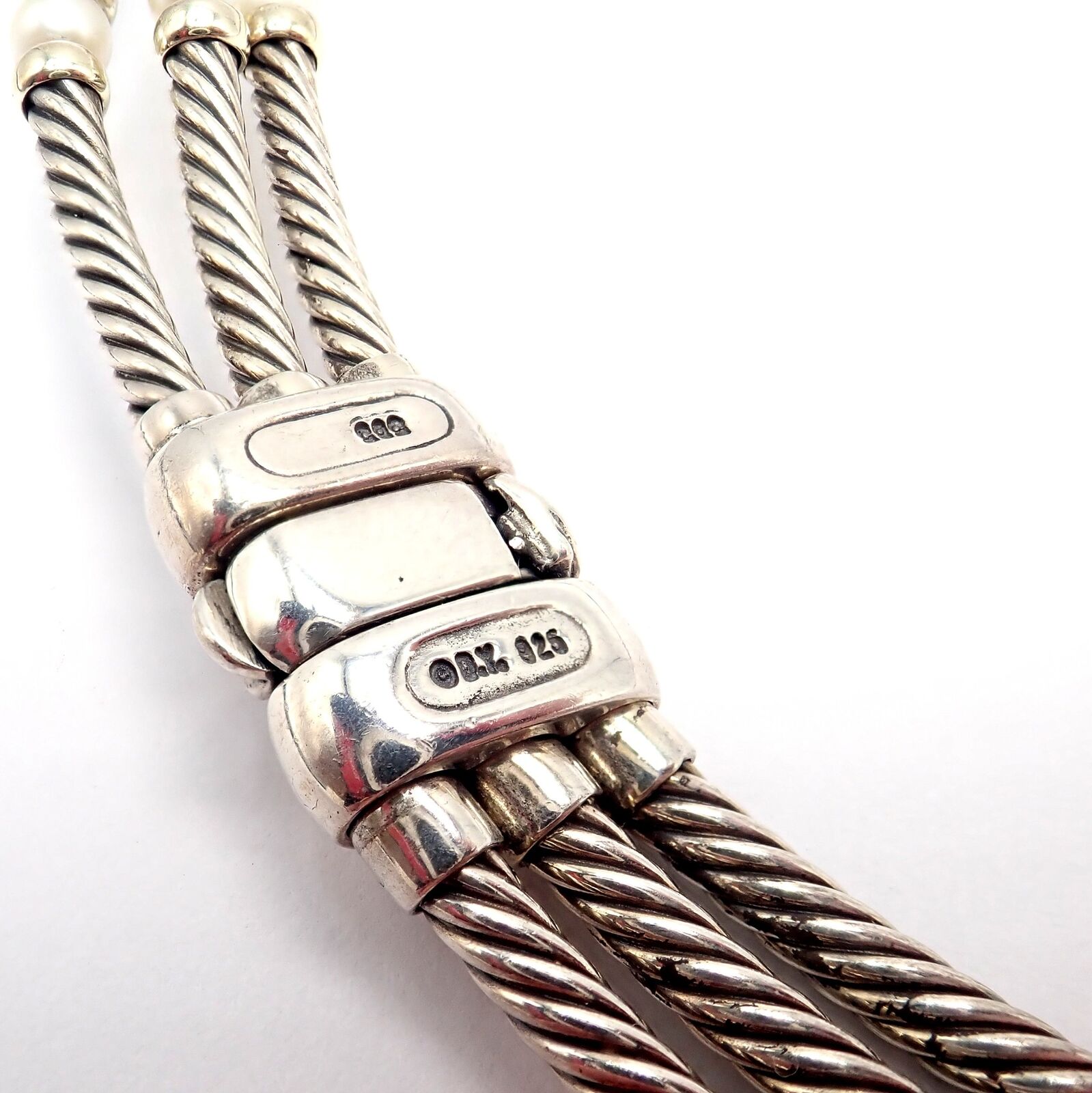 David Yurman DY Sterling Silver 14k Yellow Gold 3 Cable 3mm Pearl Necklace 15" | Fortrove