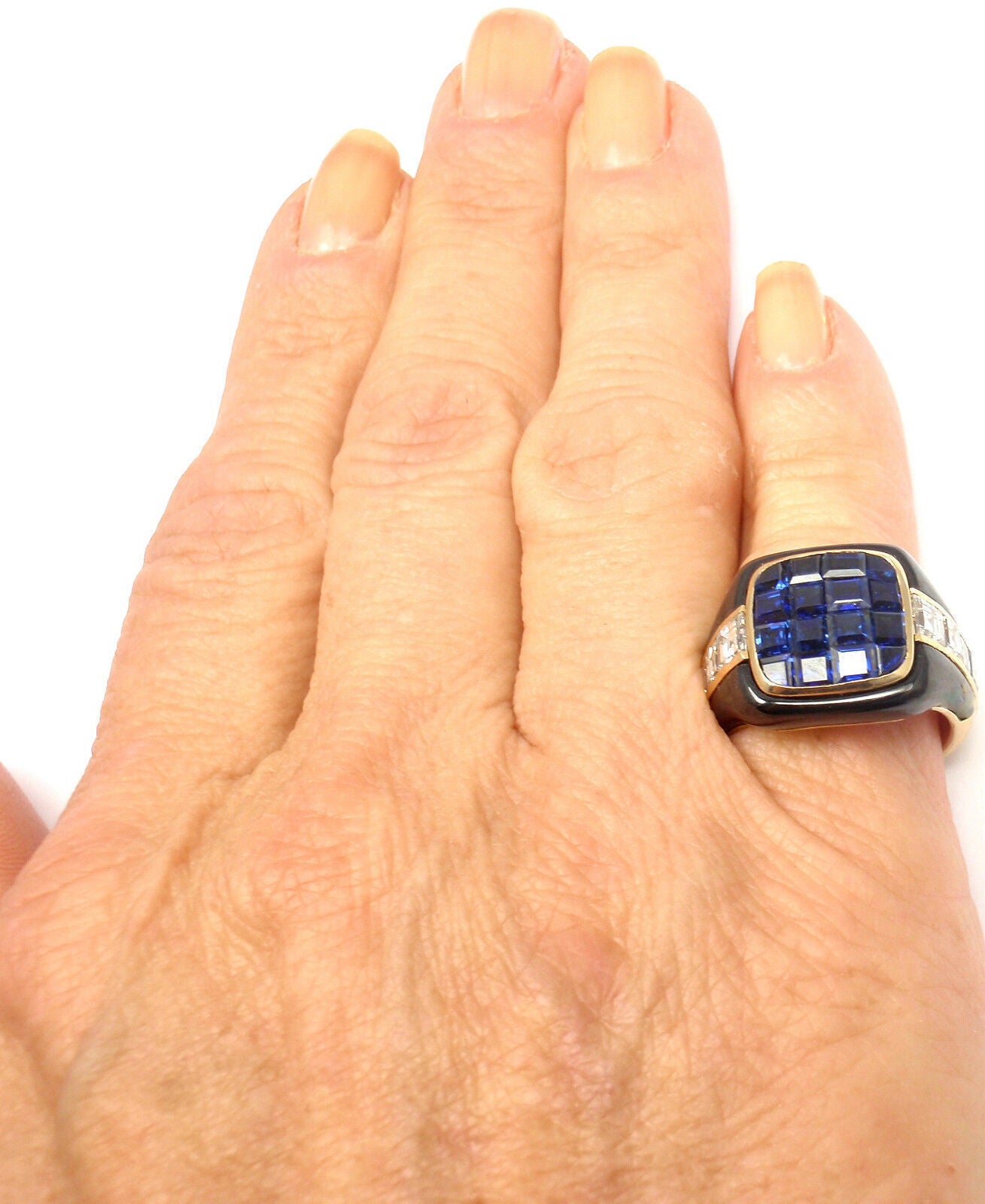 Authentic! Piaget 18k Yellow Gold Diamond Invisible Set Sapphire Enamel Ring | Fortrove